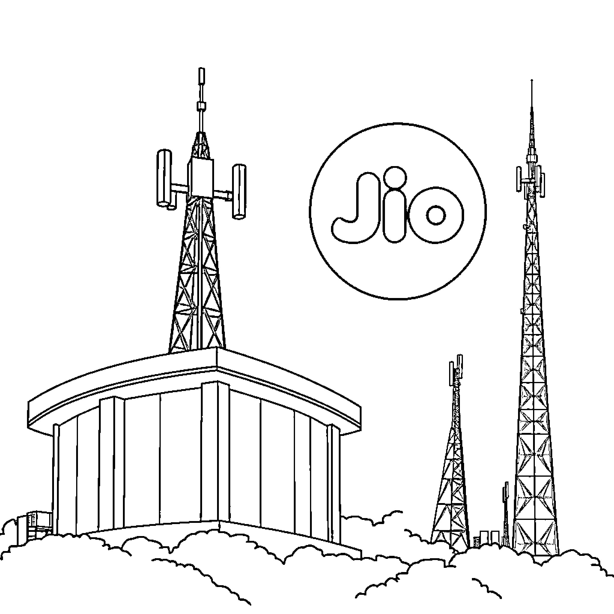 Jio telecom towers and transmission infrastructure Coloring Page (free black-and-white line drawing printable PDF for all, from beginners to advanced learners, including children, teens, adults, and seniors)