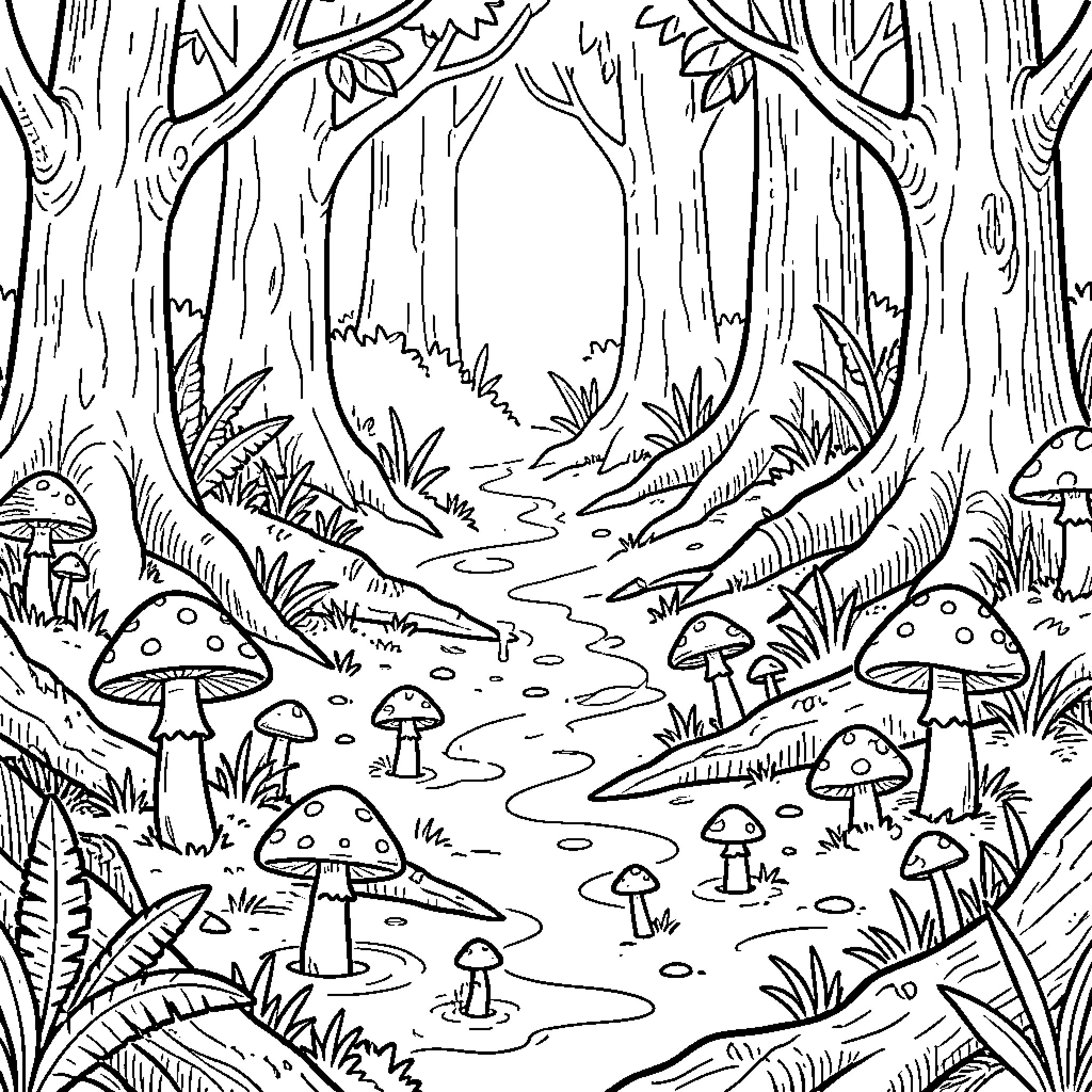 Mushroom growing amongst trees in a forest scene Coloring Page (free black-and-white line drawing printable PDF for all, from beginners to advanced learners, including children, teens, adults, and seniors)