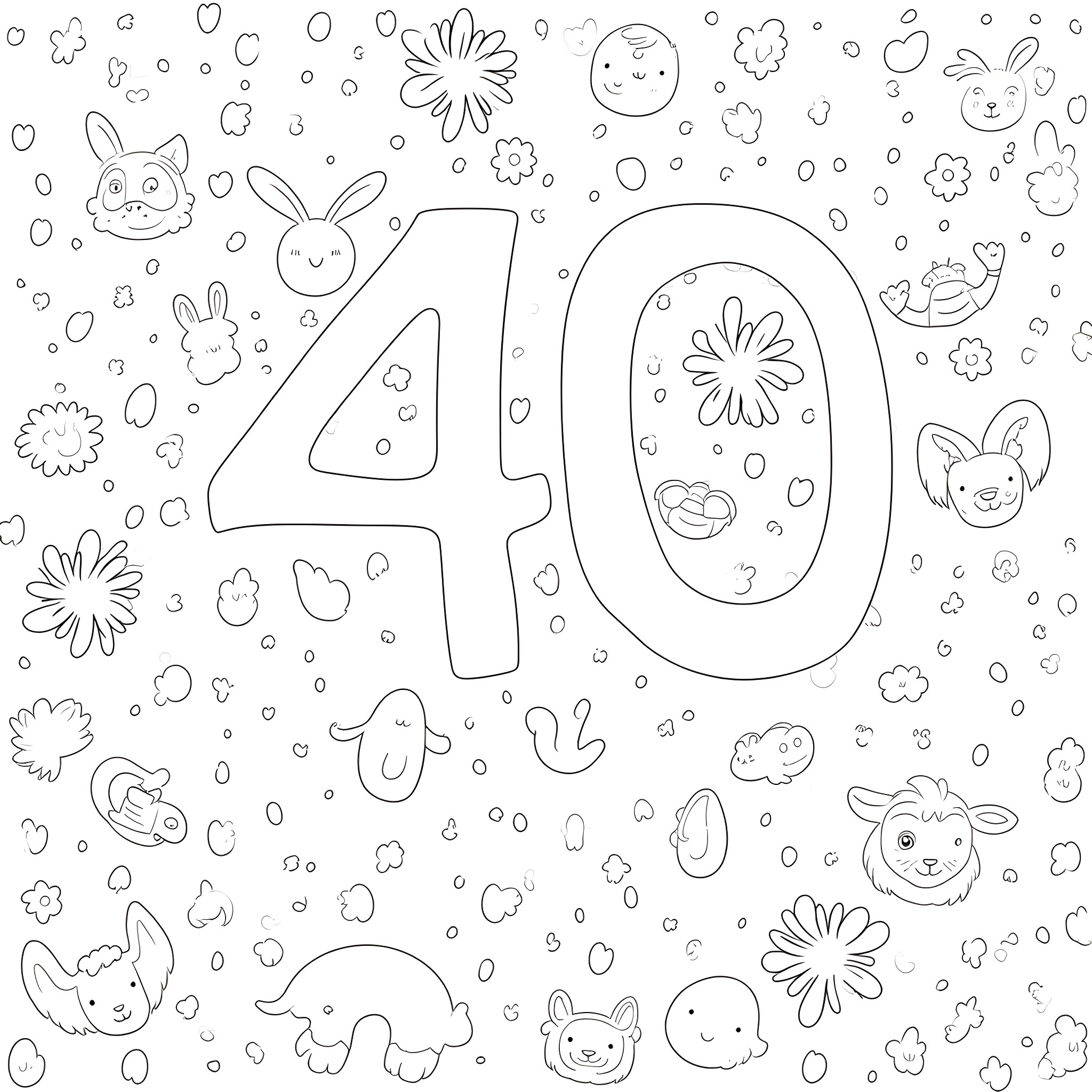 Animal characters celebrating 40th birthday Coloring Page (free black-and-white line drawing printable PDF for all, from beginners to advanced learners, including children, teens, adults, and seniors)