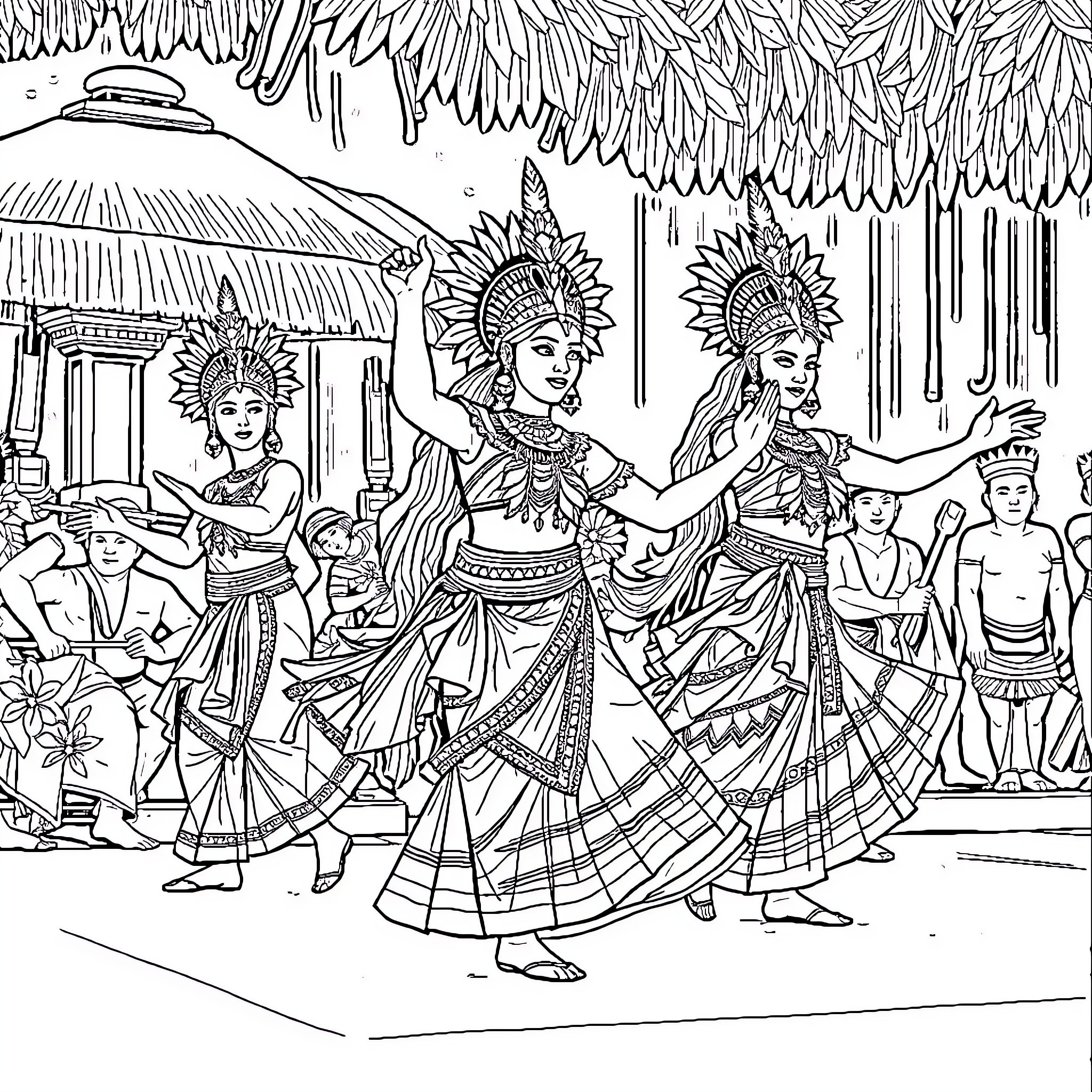Tari Bali: Lively Traditional Dance Performance Coloring Page (free black-and-white line drawing printable PDF for all, from beginners to advanced learners, including children, teens, adults, and seniors)