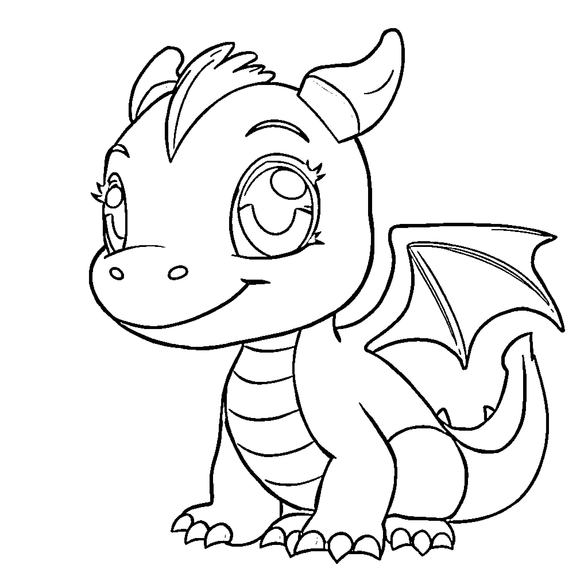 Dragon with Quirky Expression and Winged Outfit Coloring Page (free black-and-white line drawing printable PDF for all, from beginners to advanced learners, including children, teens, adults, and seniors)