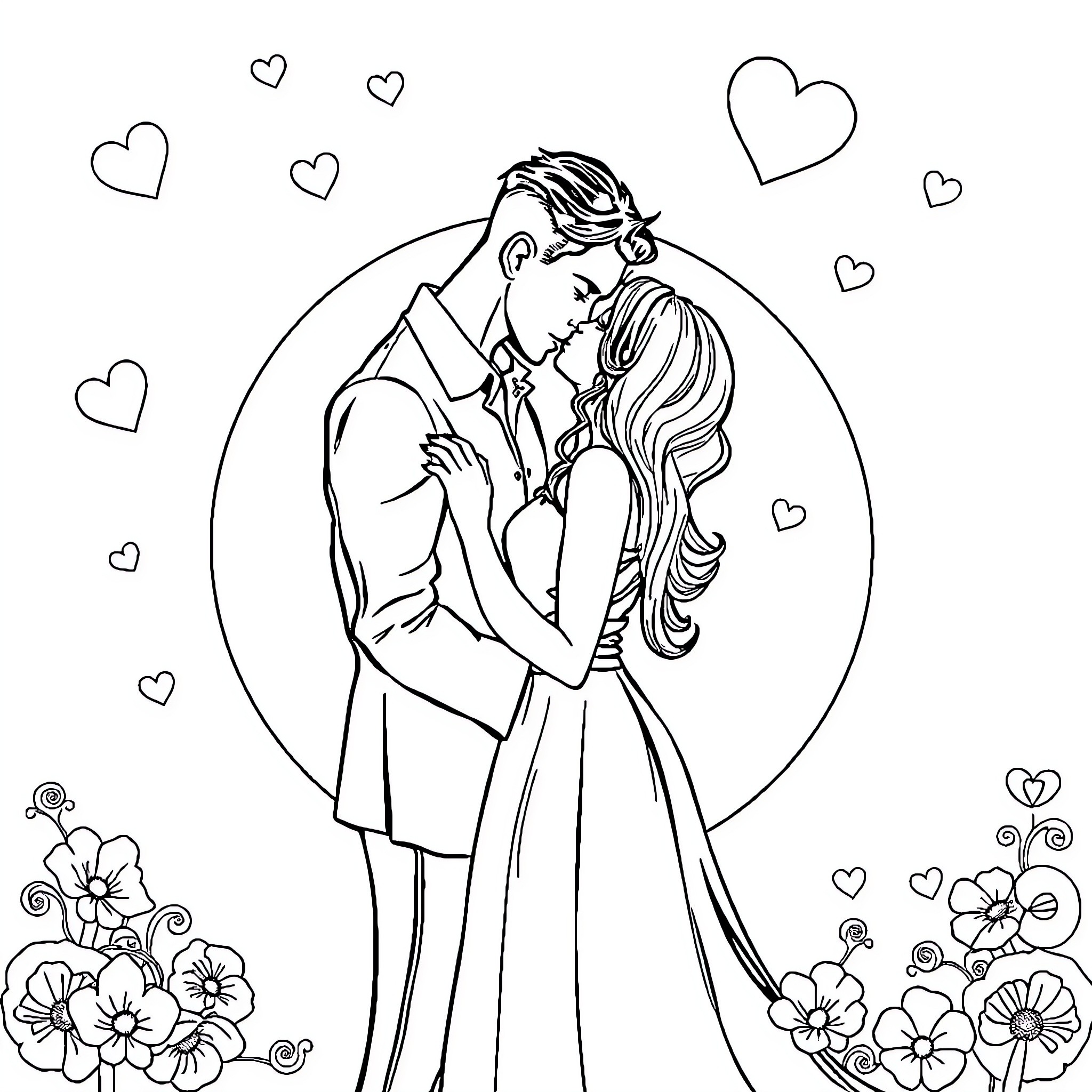 Love's Embrace: A Heartfelt Moment Coloring Page (free black-and-white line drawing printable PDF for all, from beginners to advanced learners, including children, teens, adults, and seniors)