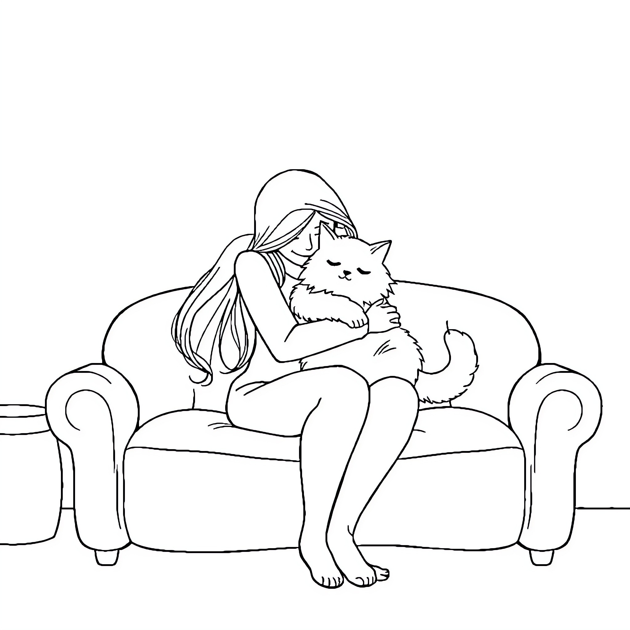 Woman relaxing with pet cat on sofa Coloring Page (free black-and-white line drawing printable PDF for all, from beginners to advanced learners, including children, teens, adults, and seniors)