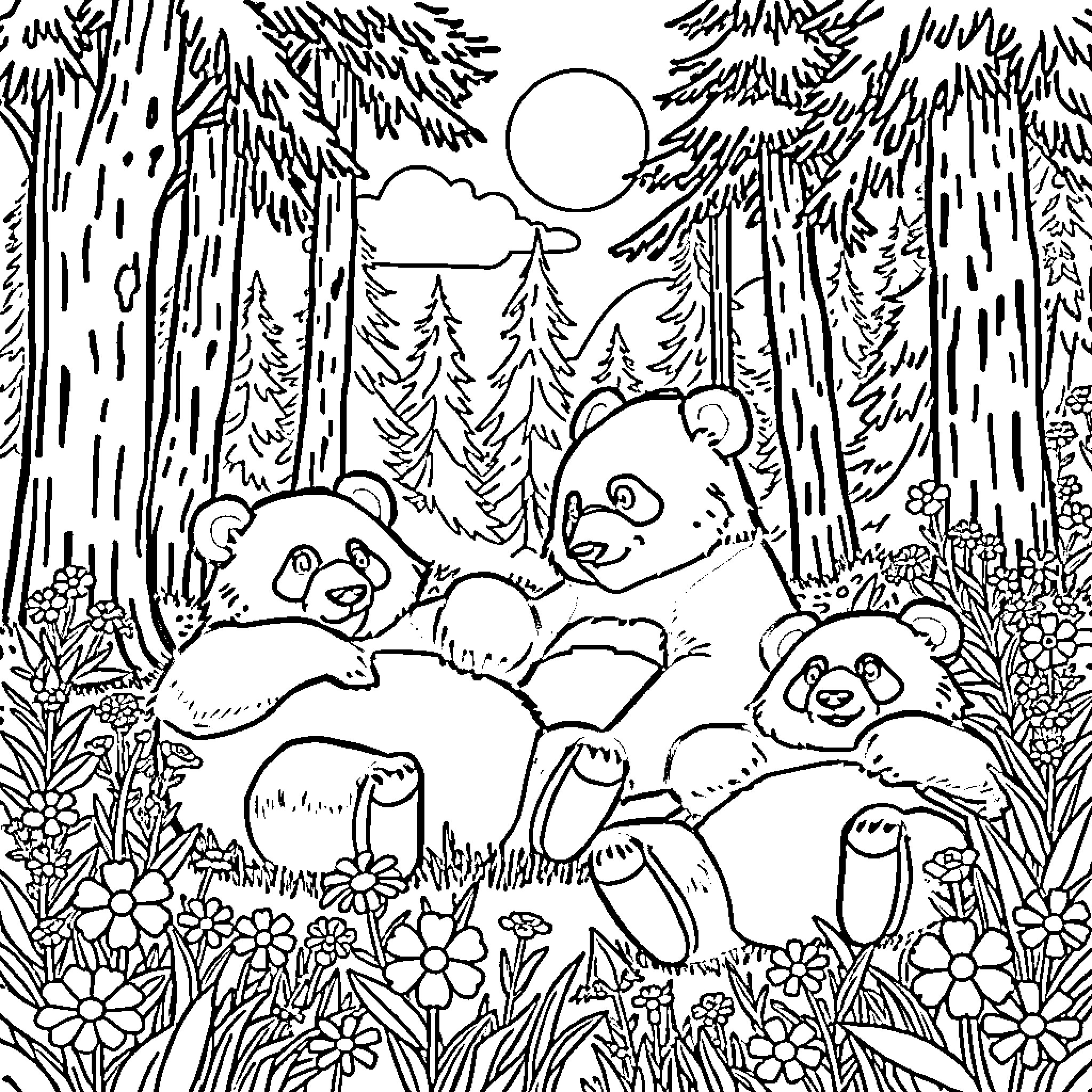 Panda Bears Enjoying Nature's Beauty Coloring Page (free black-and-white line drawing printable PDF for all, from beginners to advanced learners, including children, teens, adults, and seniors)