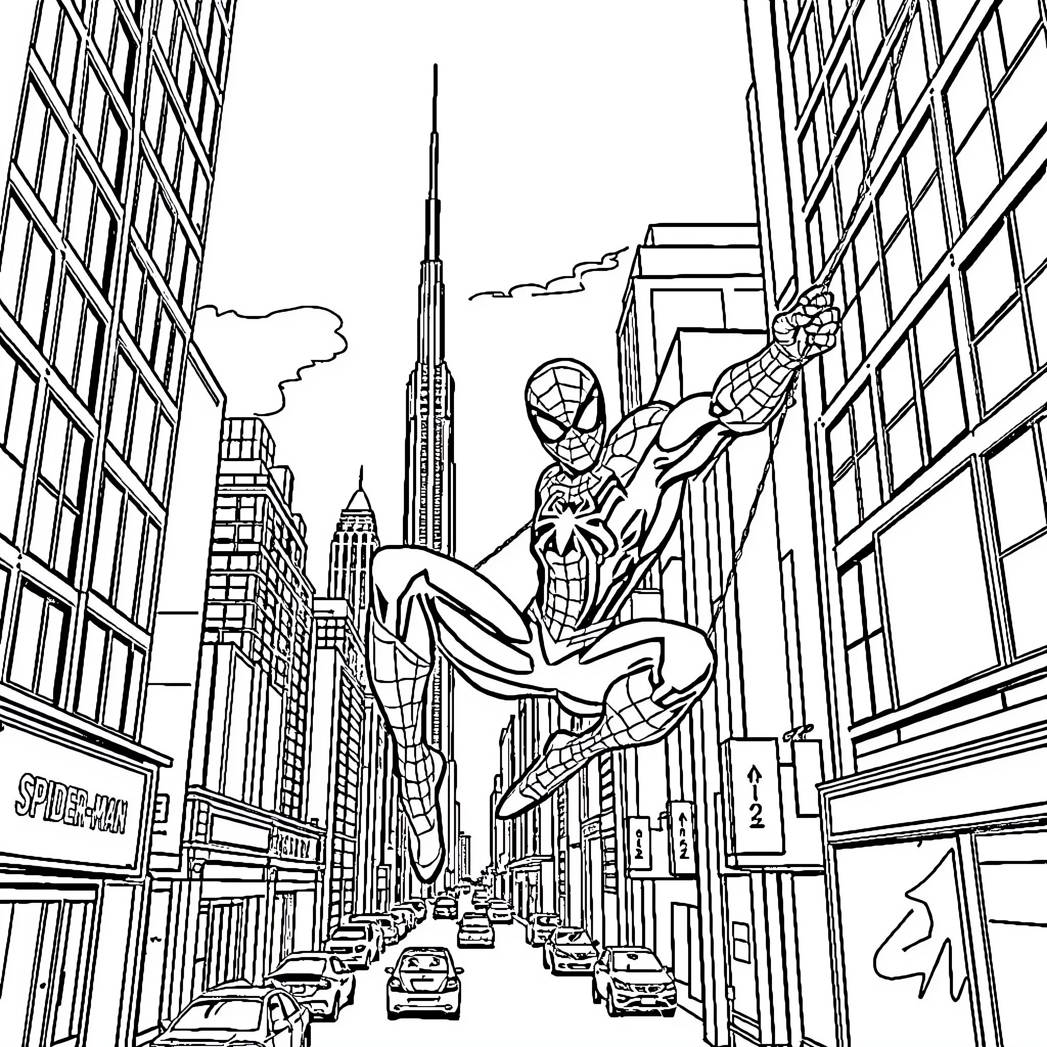 Spiderman swinging through the city skyline Coloring Page (free black-and-white line drawing printable PDF for all, from beginners to advanced learners, including children, teens, adults, and seniors)