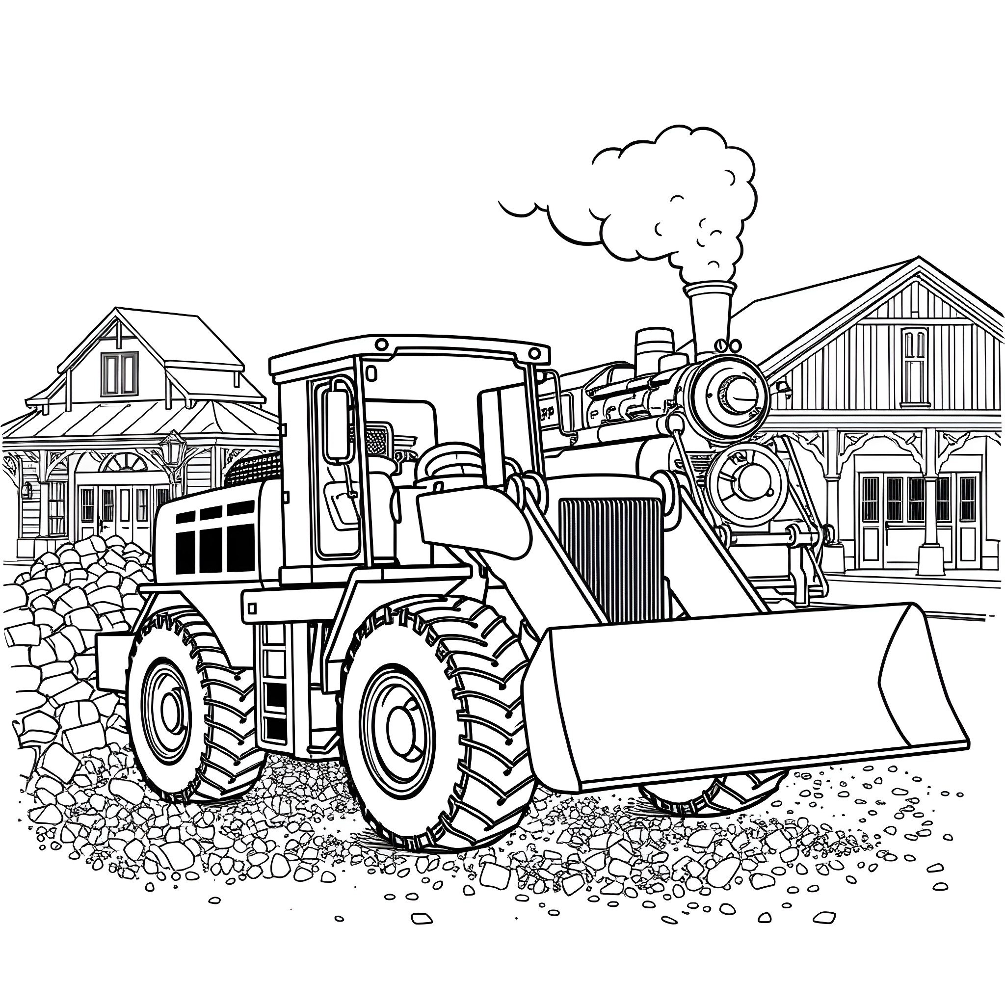 Loader at work in a rural town Coloring Page (free black-and-white line drawing printable PDF for all, from beginners to advanced learners, including children, teens, adults, and seniors)