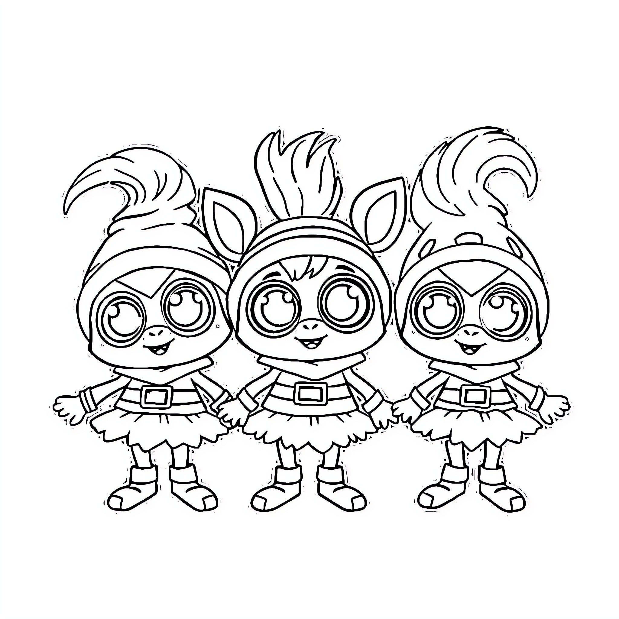 Sprunki characters in whimsical costumes Coloring Page (free black-and-white line drawing printable PDF for all, from beginners to advanced learners, including children, teens, adults, and seniors)