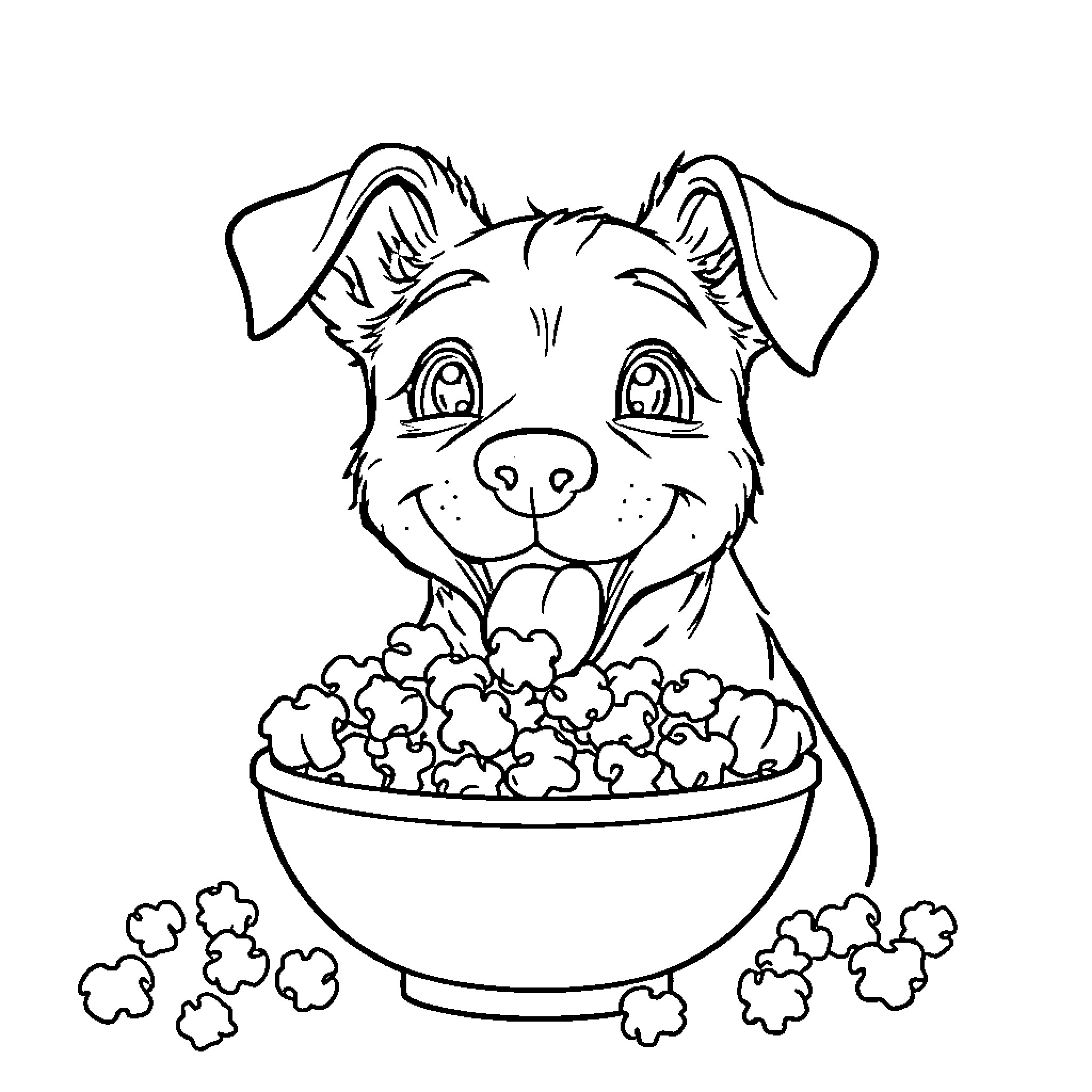 Dog Enjoying a Bowl of Popcorn Coloring Page (free black-and-white line drawing printable PDF for all, from beginners to advanced learners, including children, teens, adults, and seniors)