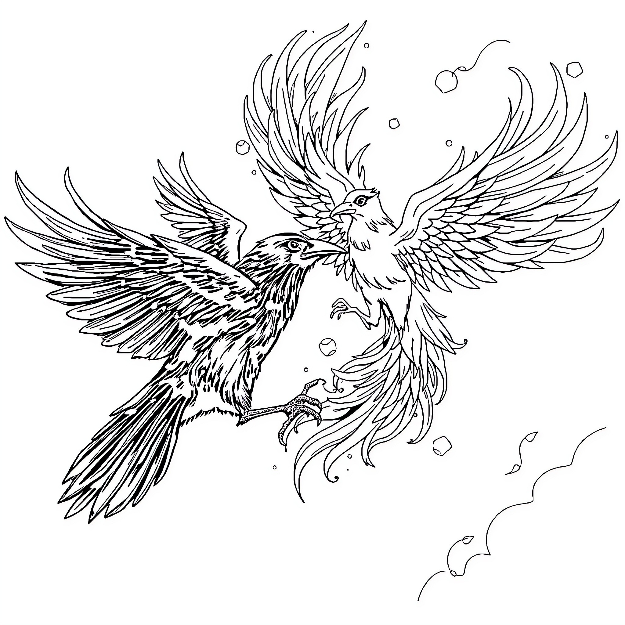 Crow in flight with majestic wings Coloring Page (free black-and-white line drawing printable PDF for all, from beginners to advanced learners, including children, teens, adults, and seniors)