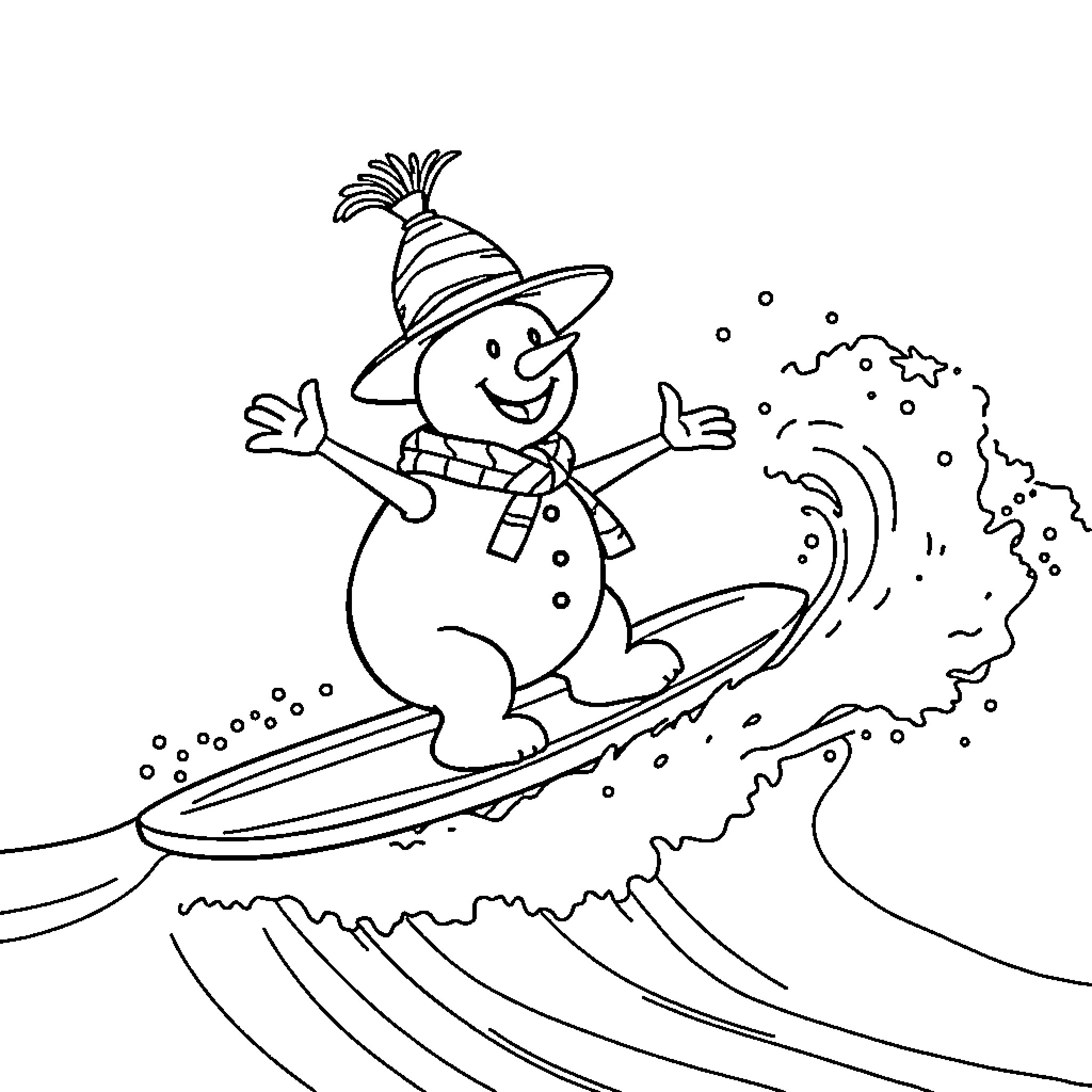 Snowman surfing on a snowy wave Coloring Page (free black-and-white line drawing printable PDF for all, from beginners to advanced learners, including children, teens, adults, and seniors)