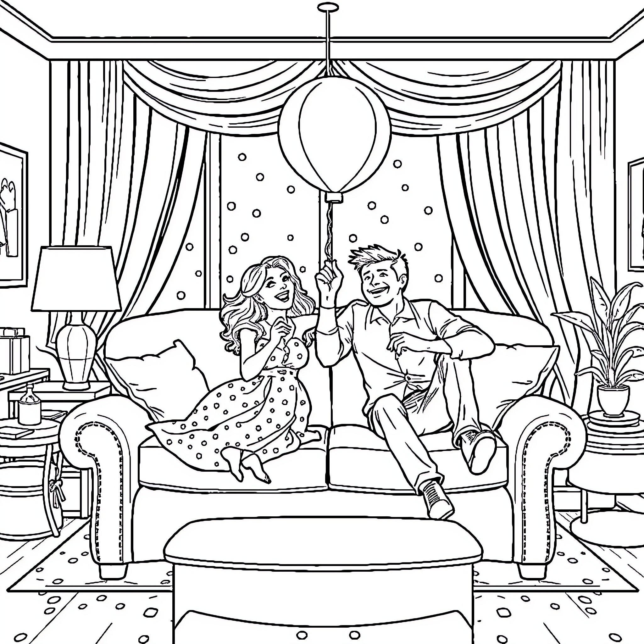 Roxane's Romantic Evening with Companion Coloring Page (free black-and-white line drawing printable PDF for all, from beginners to advanced learners, including children, teens, adults, and seniors)