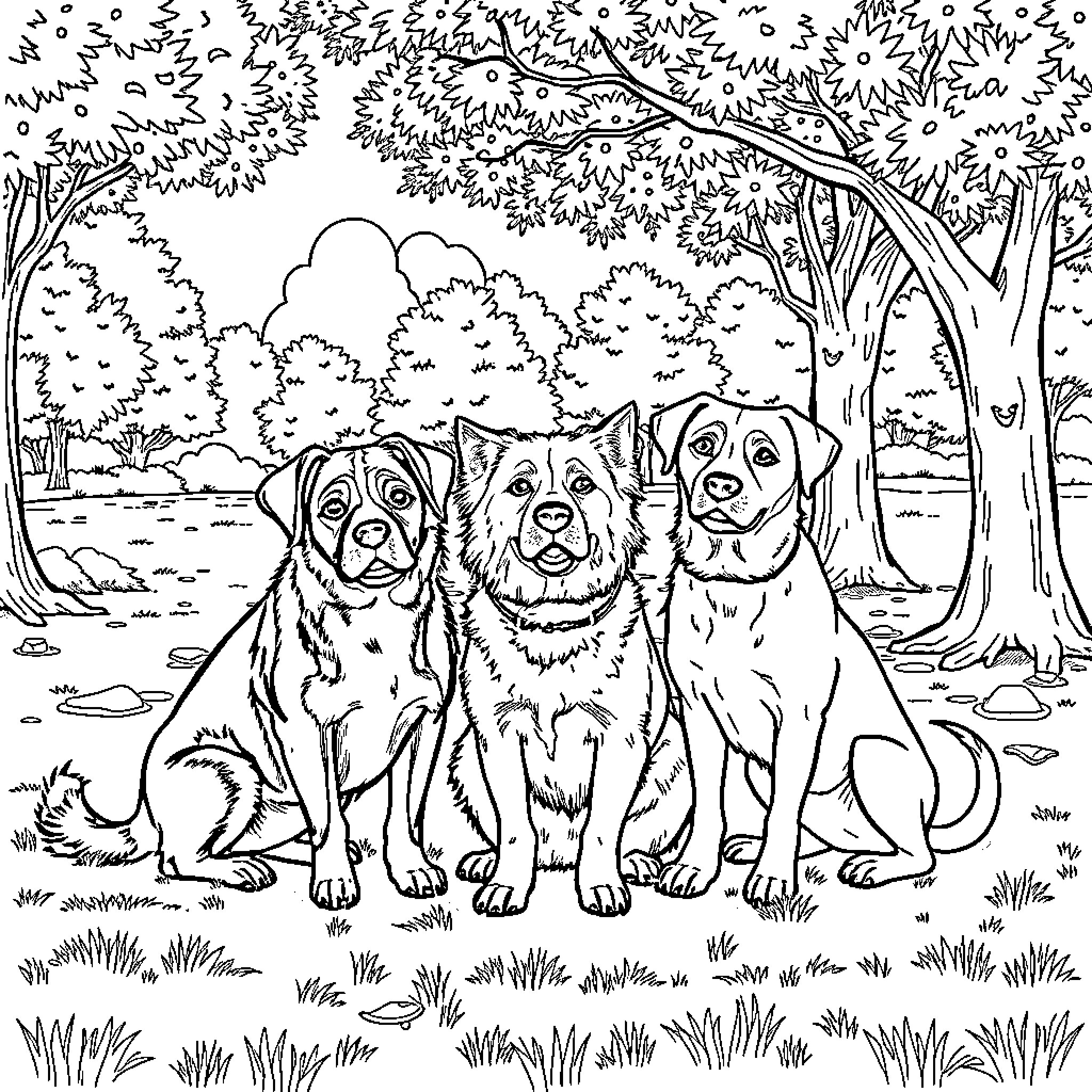 Dog Friends Exploring Nature Together Coloring Page (free black-and-white line drawing printable PDF for all, from beginners to advanced learners, including children, teens, adults, and seniors)