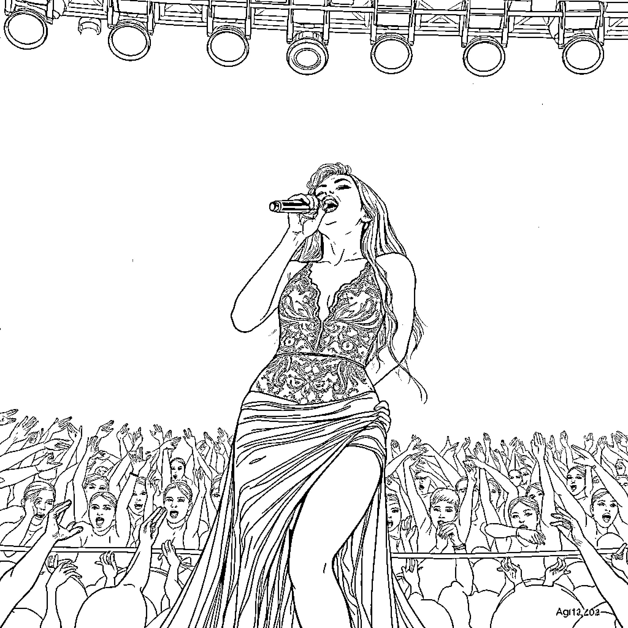Dua Lipa performing on stage with audience Coloring Page (free black-and-white line drawing printable PDF for all, from beginners to advanced learners, including children, teens, adults, and seniors)