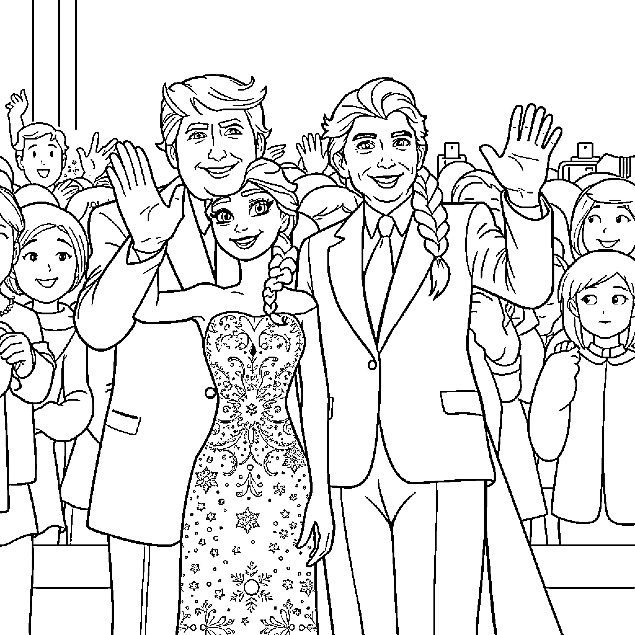 Elsa's Magical Celebration with Friends and Family Coloring Page (free black-and-white line drawing printable PDF for all, from beginners to advanced learners, including children, teens, adults, and seniors)