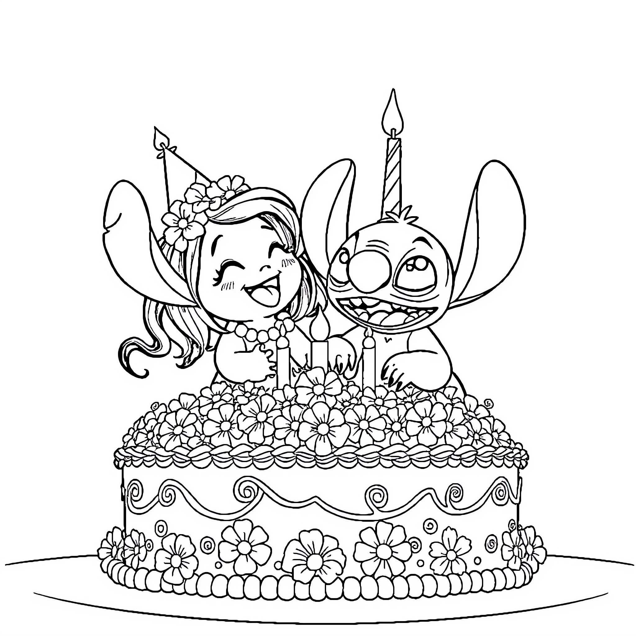 Lilo And Stitch Celebrate With Flowers And Cake Coloring Page (free black-and-white line drawing printable PDF for all, from beginners to advanced learners, including children, teens, adults, and seniors)