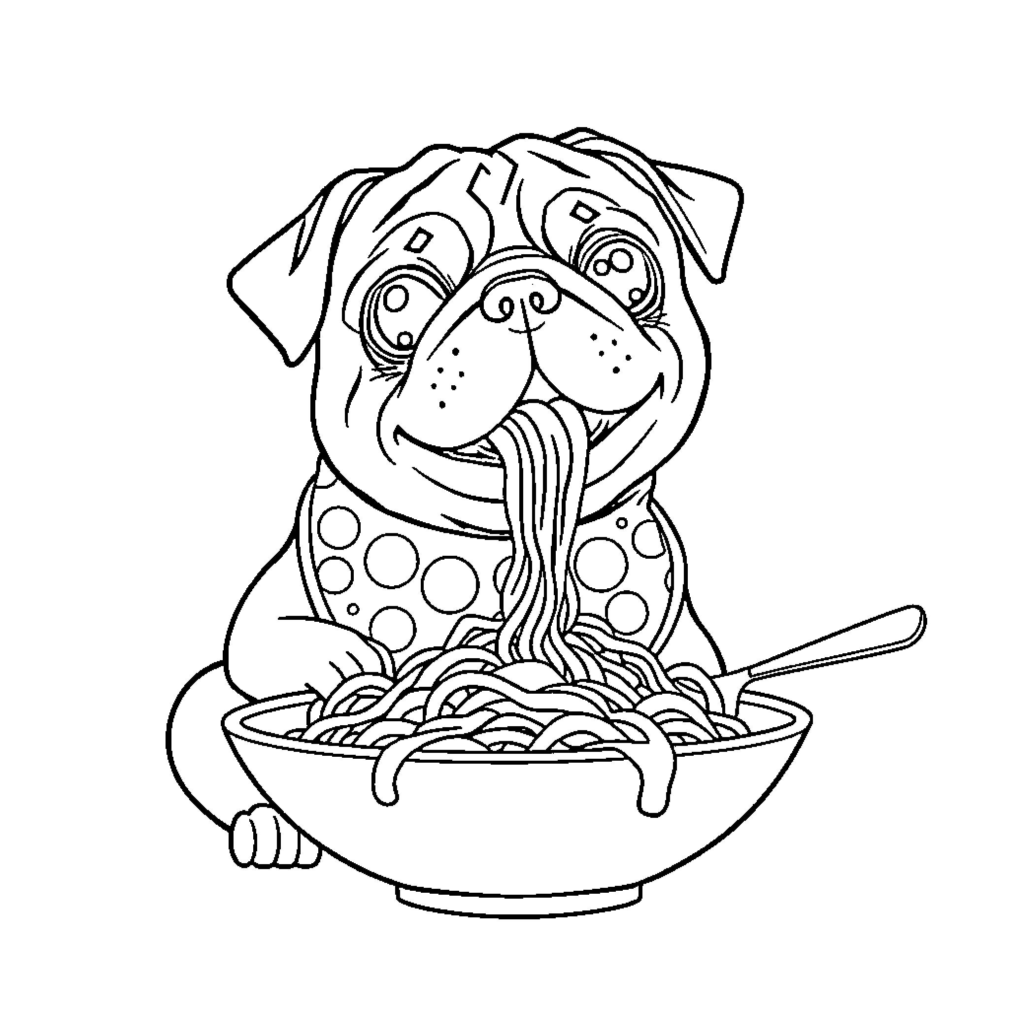 Pug enjoying a bowl of spaghetti Coloring Page (free black-and-white line drawing printable PDF for all, from beginners to advanced learners, including children, teens, adults, and seniors)