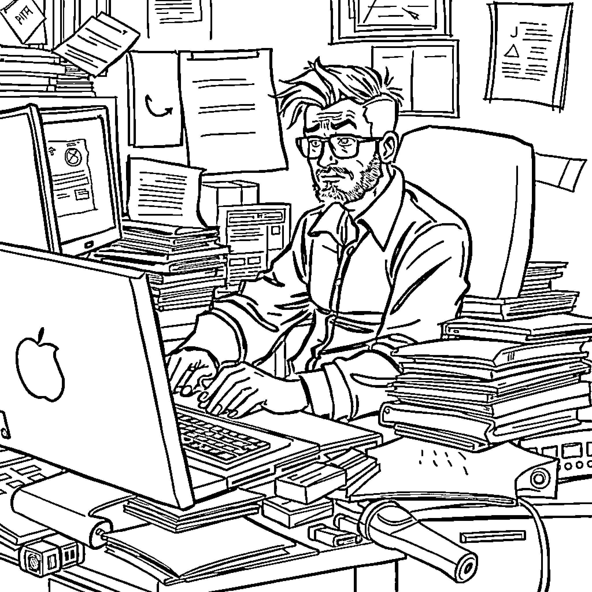 IT Engineer working diligently at computer desk Coloring Page (free black-and-white line drawing printable PDF for all, from beginners to advanced learners, including children, teens, adults, and seniors)