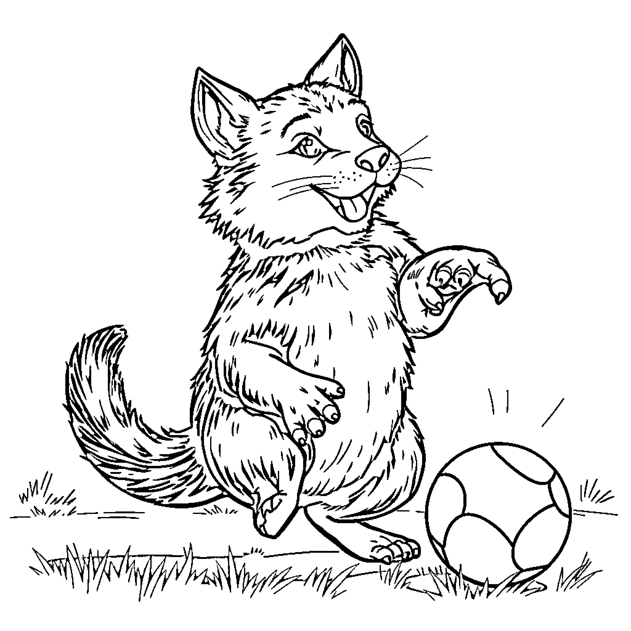 Dog playing with ball in grass Coloring Page (free black-and-white line drawing printable PDF for all, from beginners to advanced learners, including children, teens, adults, and seniors)