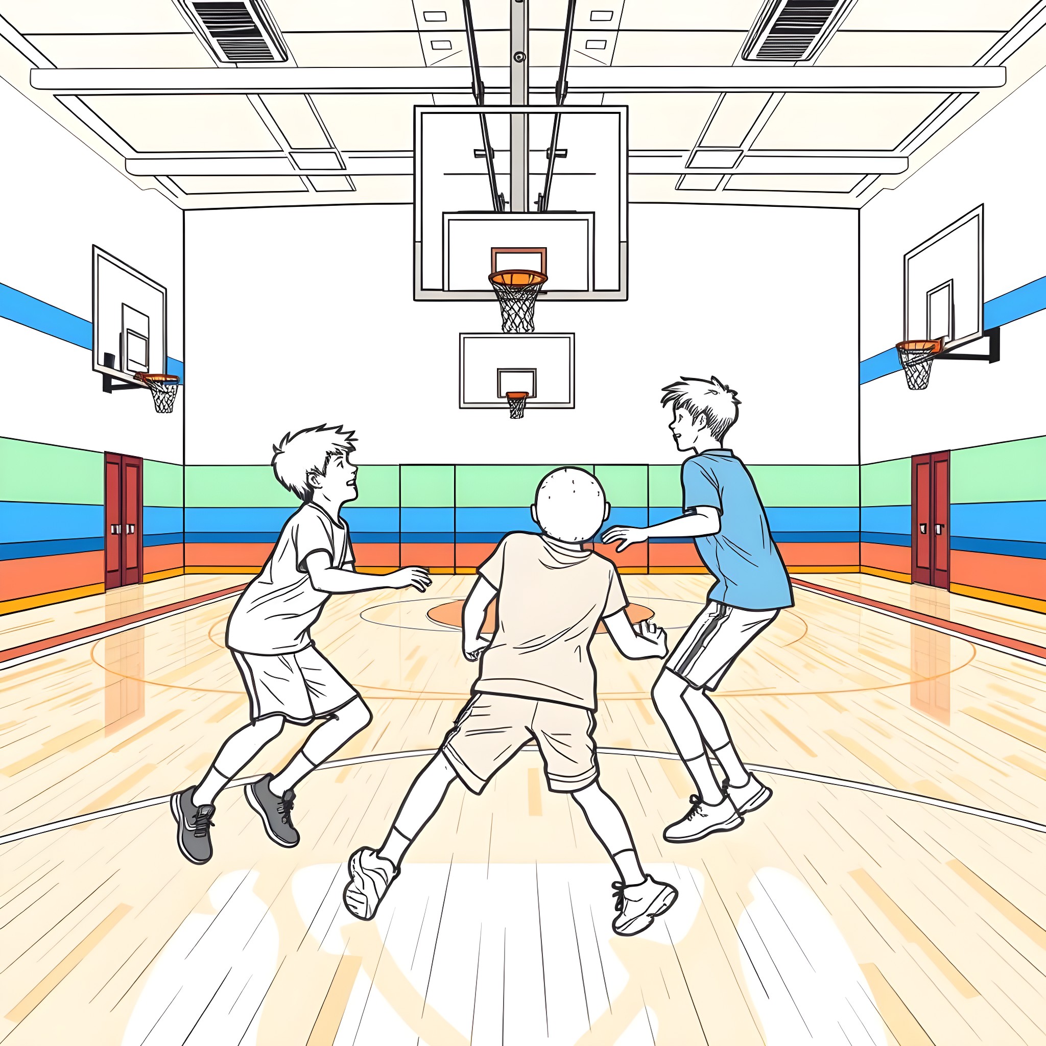 Teen Guys Playing Basketball in Colorful Gym Coloring Page (free black-and-white line drawing printable PDF for all, from beginners to advanced learners, including children, teens, adults, and seniors)