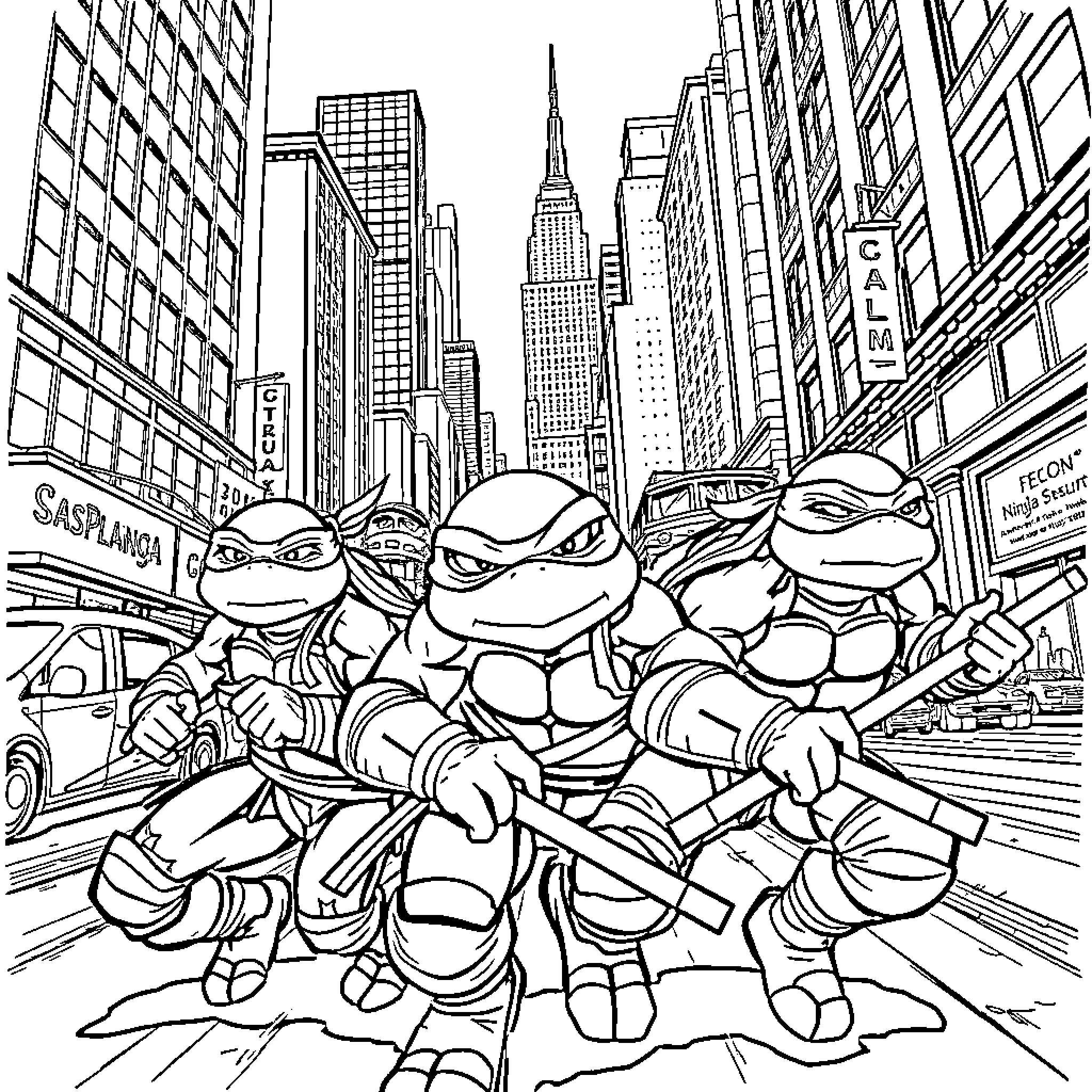 Teenage Mutant Ninja Turtles in action-packed city scene Coloring Page (free black-and-white line drawing printable PDF for all, from beginners to advanced learners, including children, teens, adults, and seniors)