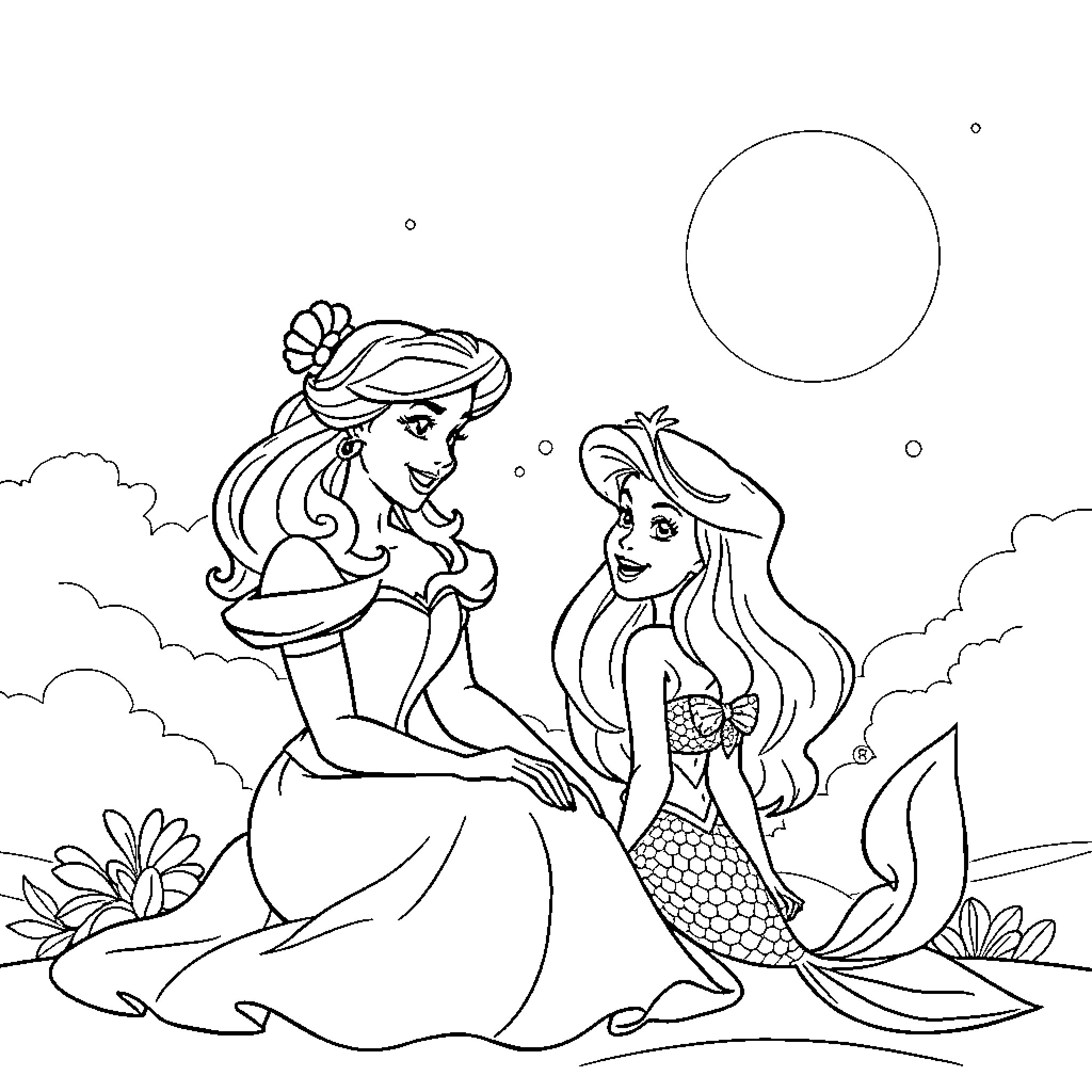 Princess Mermaids Playing in the Moonlit Waves Coloring Page (free black-and-white line drawing printable PDF for all, from beginners to advanced learners, including children, teens, adults, and seniors)