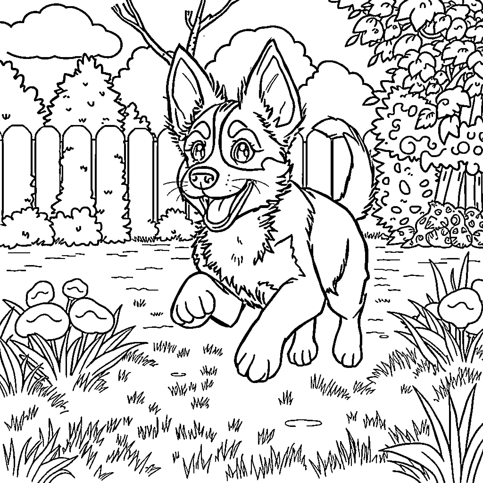 Bluey playing happily in the backyard Coloring Page (free black-and-white line drawing printable PDF for all, from beginners to advanced learners, including children, teens, adults, and seniors)