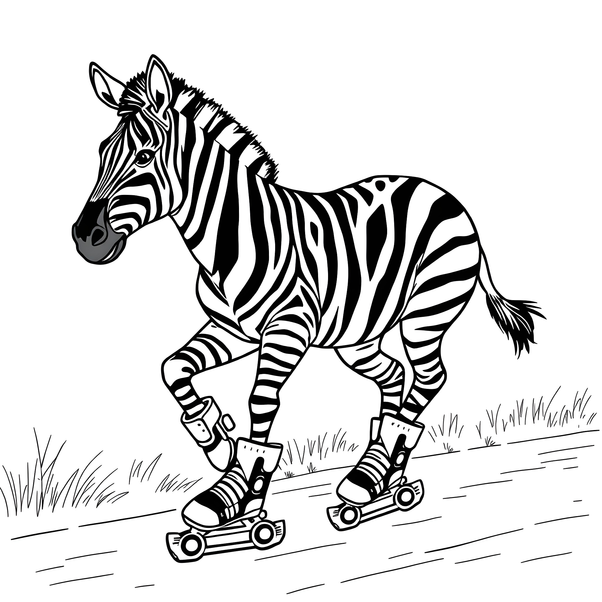 Zebra riding roller skates in the grassland Coloring Page (free black-and-white line drawing printable PDF for all, from beginners to advanced learners, including children, teens, adults, and seniors)