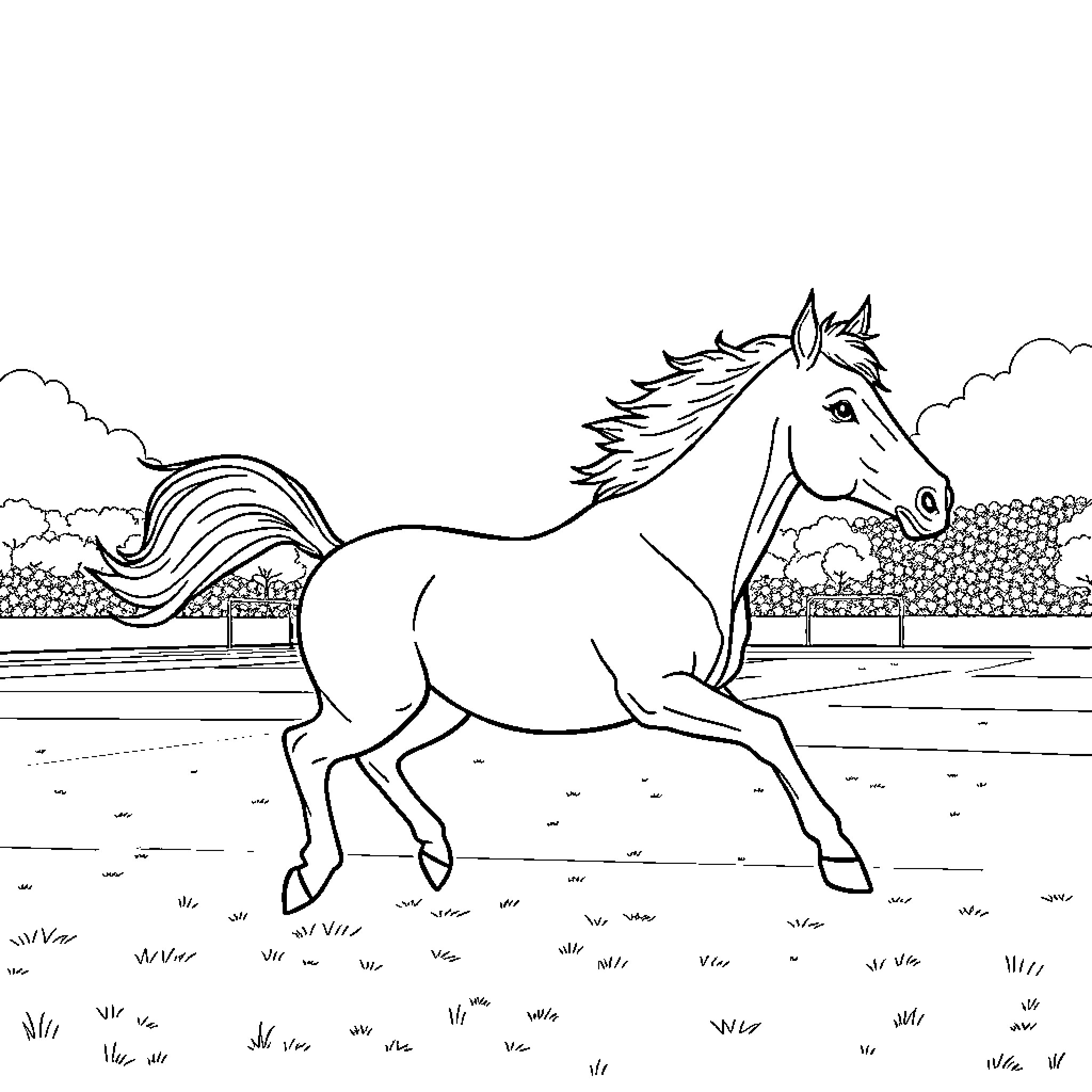 Pony galloping joyfully in the meadow Coloring Page (free black-and-white line drawing printable PDF for all, from beginners to advanced learners, including children, teens, adults, and seniors)