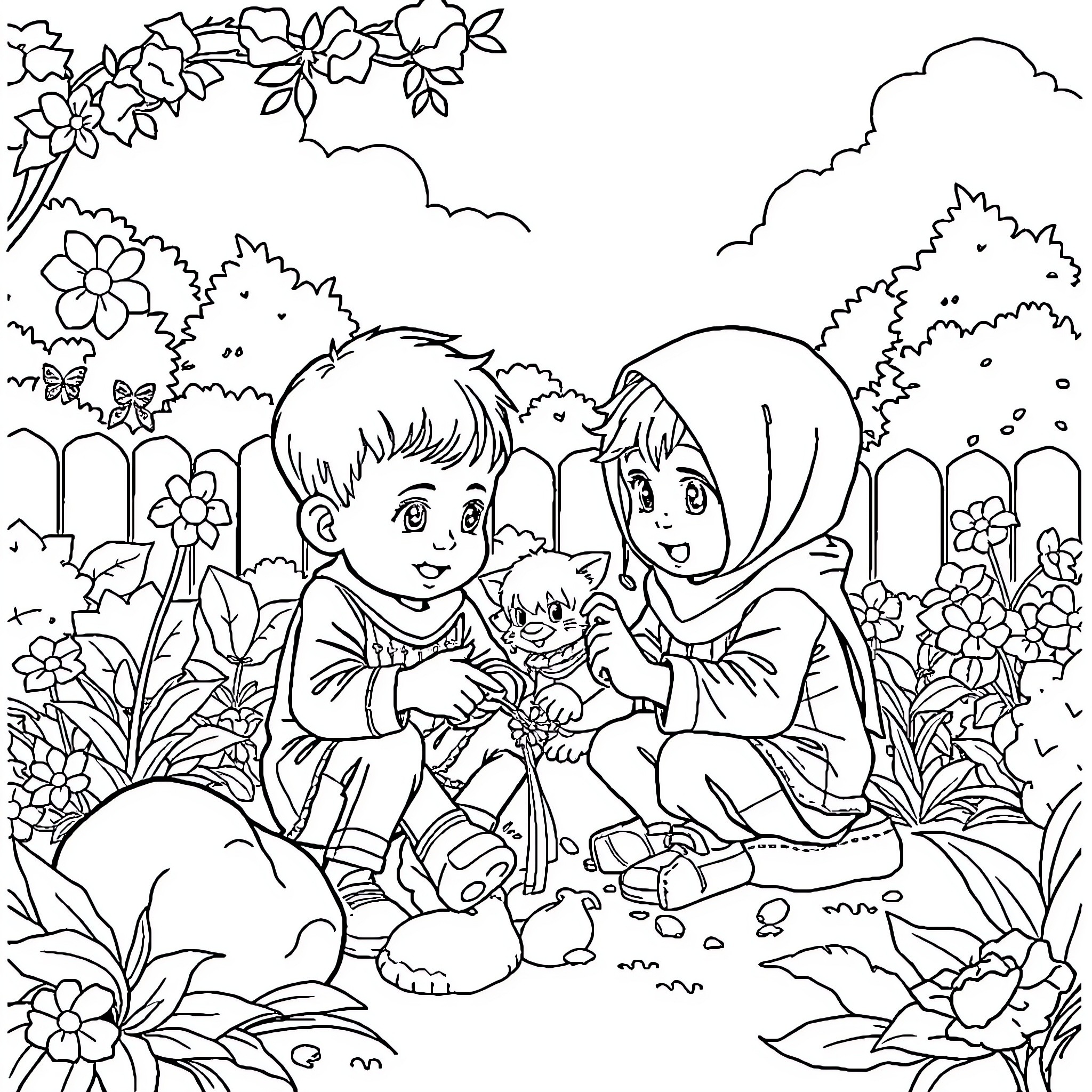 Child playing with a pet in the garden Coloring Page (free black-and-white line drawing printable PDF for all, from beginners to advanced learners, including children, teens, adults, and seniors)