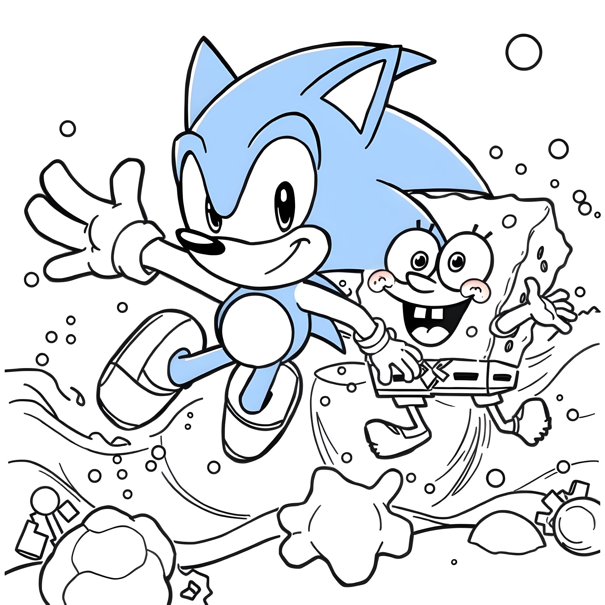 Sonic the Hedgehog adventuring underwater with friends Coloring Page (free black-and-white line drawing printable PDF for all, from beginners to advanced learners, including children, teens, adults, and seniors)