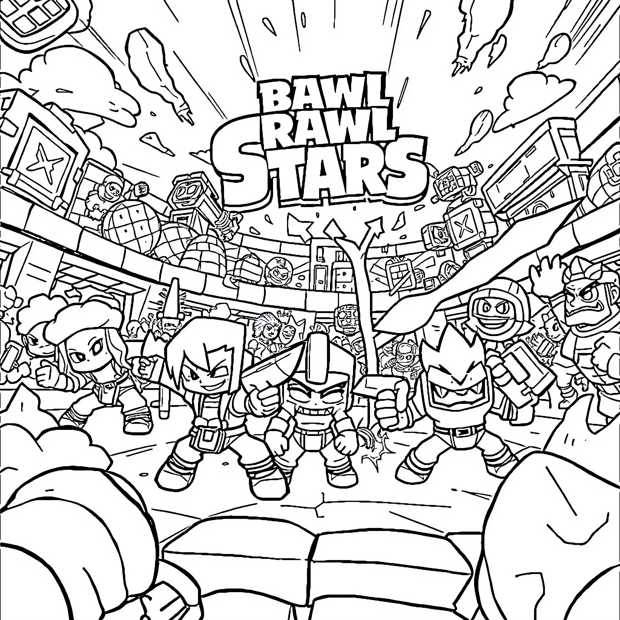 Brawl Stars: Heroic characters in action-packed scene Coloring Page (free black-and-white line drawing printable PDF for all, from beginners to advanced learners, including children, teens, adults, and seniors)