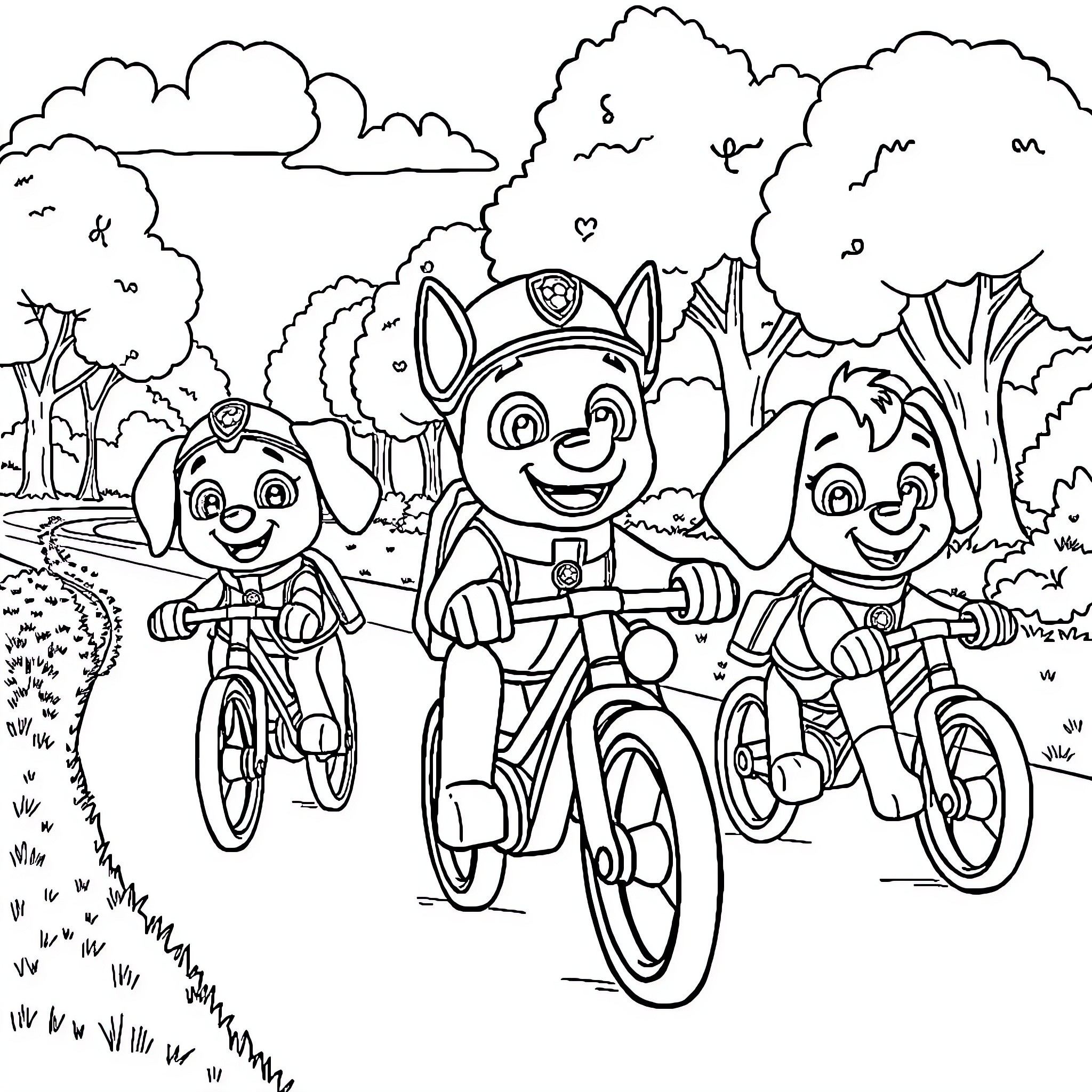 Paw Patrol characters riding bicycles in the park Coloring Page (free black-and-white line drawing printable PDF for all, from beginners to advanced learners, including children, teens, adults, and seniors)