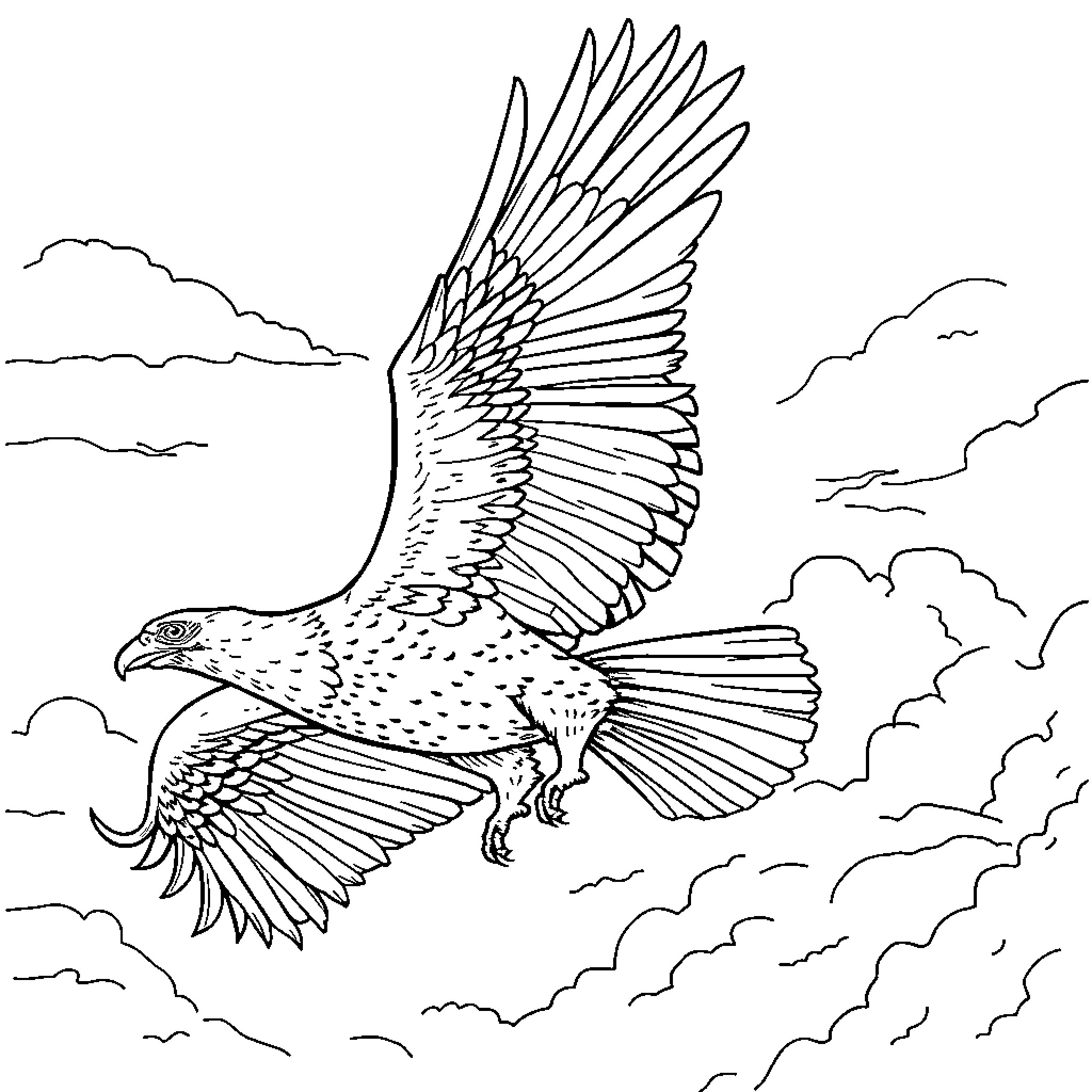 Eagle soaring gracefully through the clouds Coloring Page (free black-and-white line drawing printable PDF for all, from beginners to advanced learners, including children, teens, adults, and seniors)