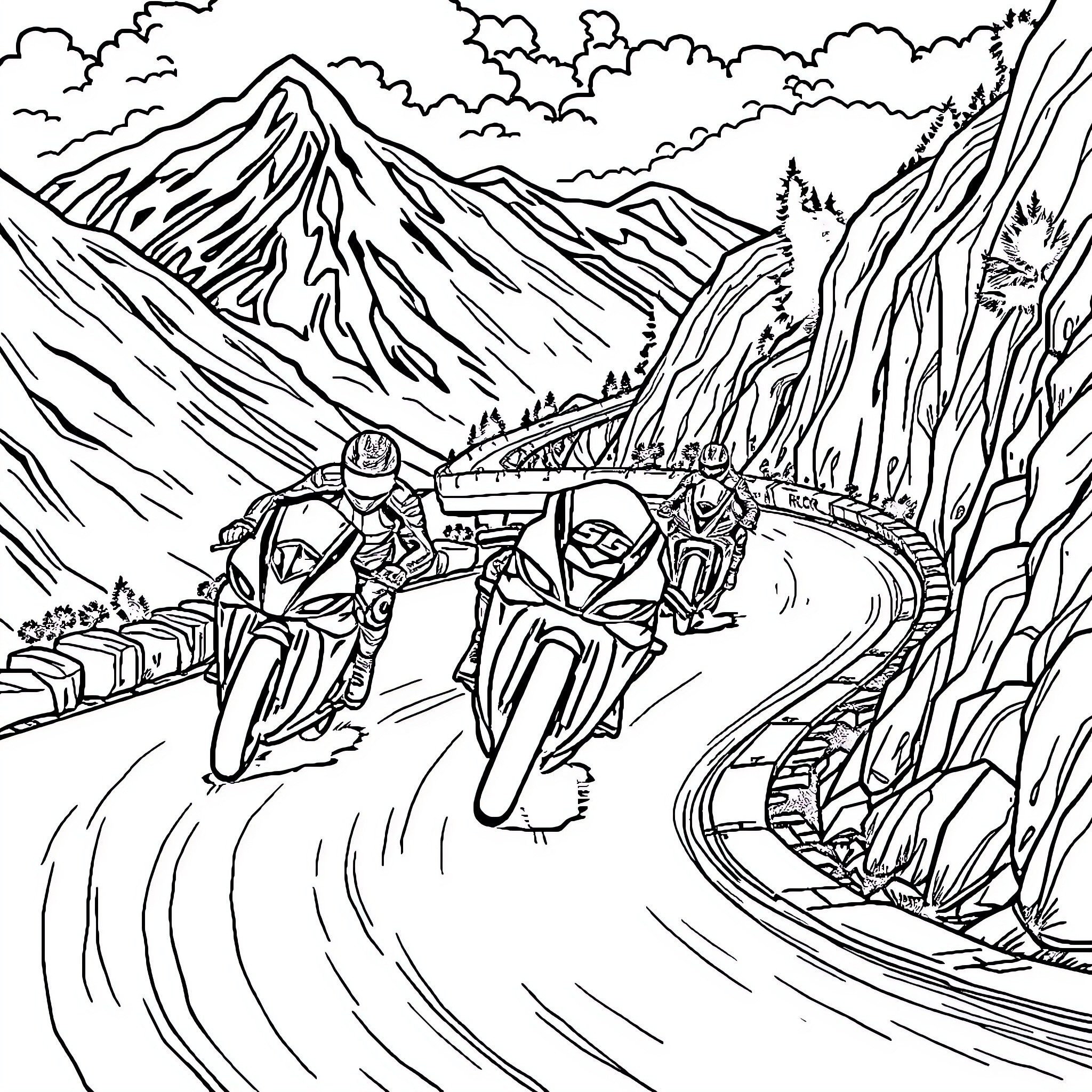 MotoGP Racers Navigating Winding Mountain Road Coloring Page (free black-and-white line drawing printable PDF for all, from beginners to advanced learners, including children, teens, adults, and seniors)