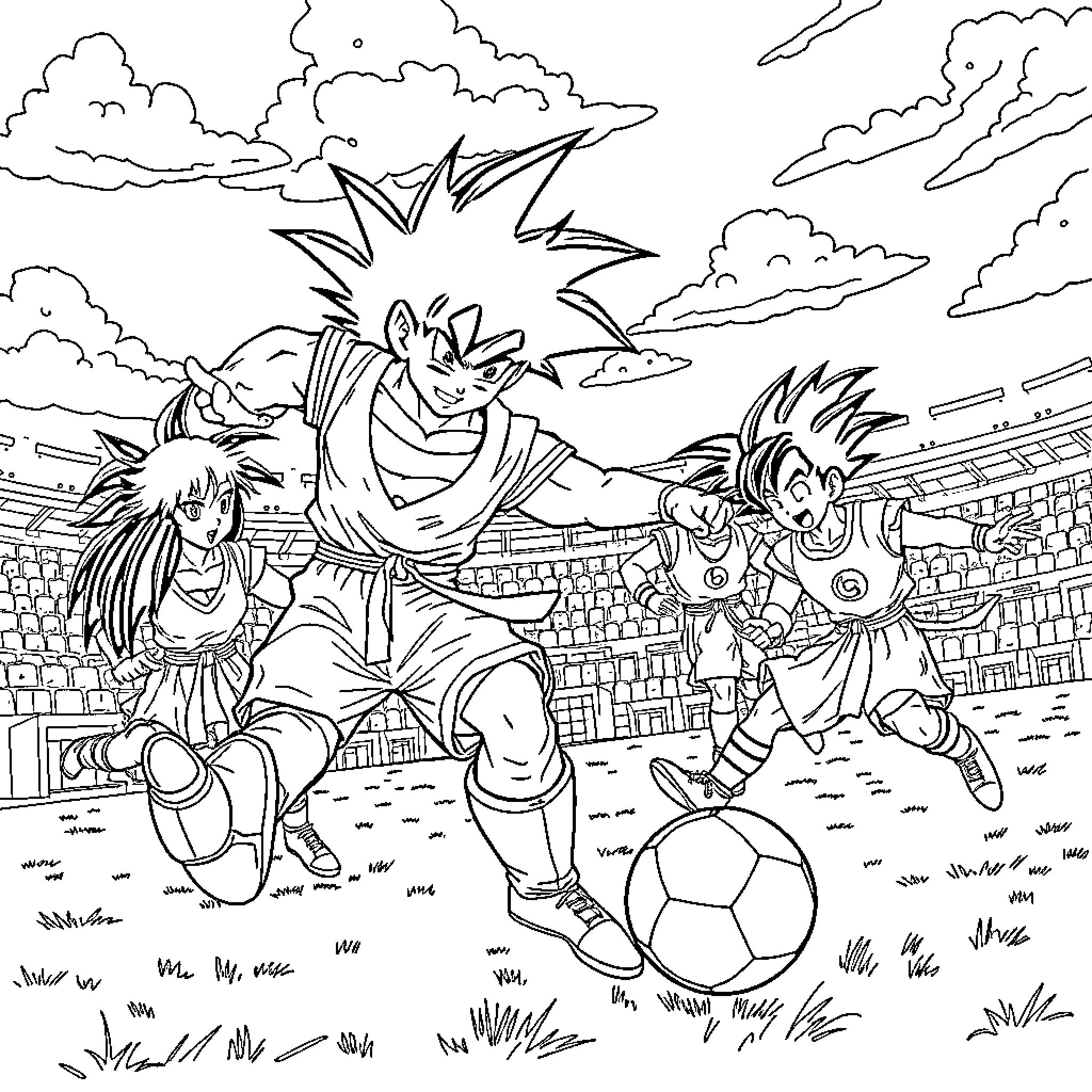 Dragon Ball Z characters in action-packed soccer scene Coloring Page (free black-and-white line drawing printable PDF for all, from beginners to advanced learners, including children, teens, adults, and seniors)