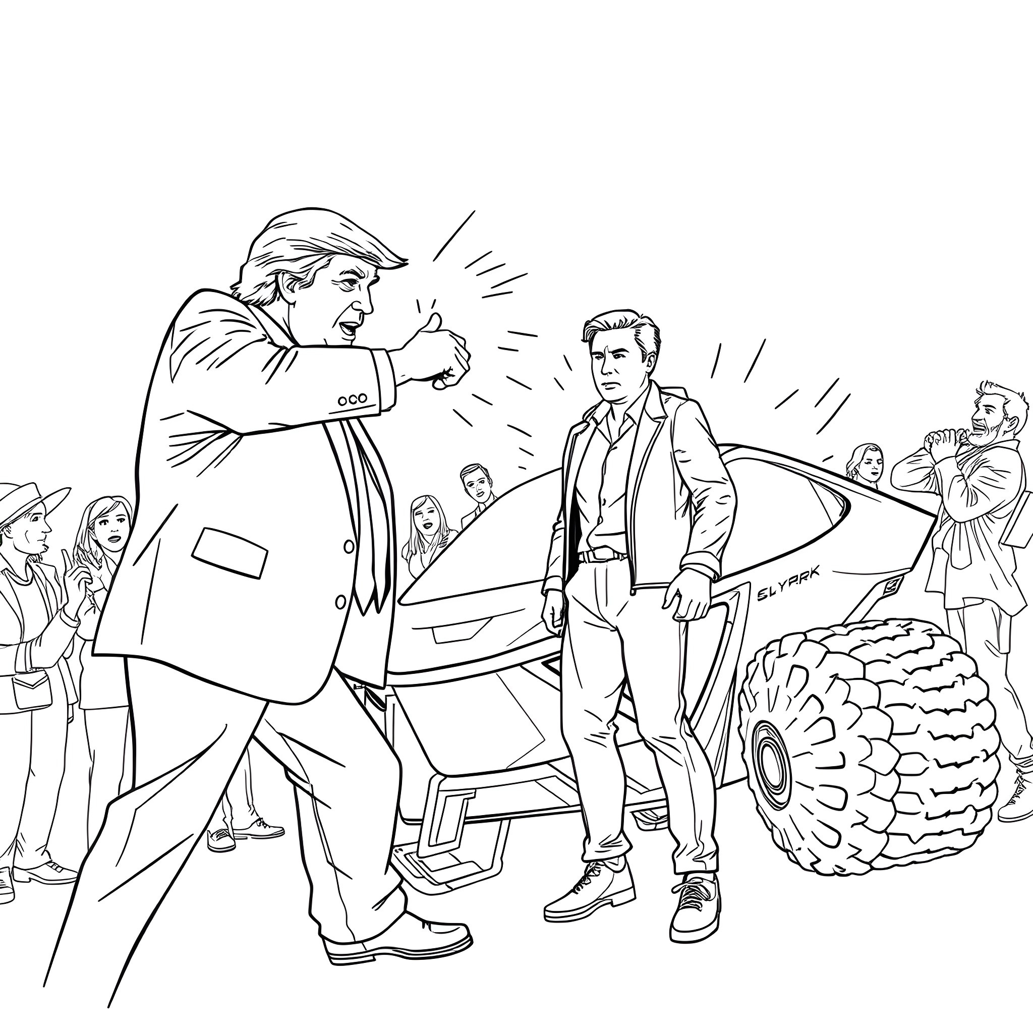 Donald Trump Confronting Protester at Political Rally Coloring Page (free black-and-white line drawing printable PDF for all, from beginners to advanced learners, including children, teens, adults, and seniors)