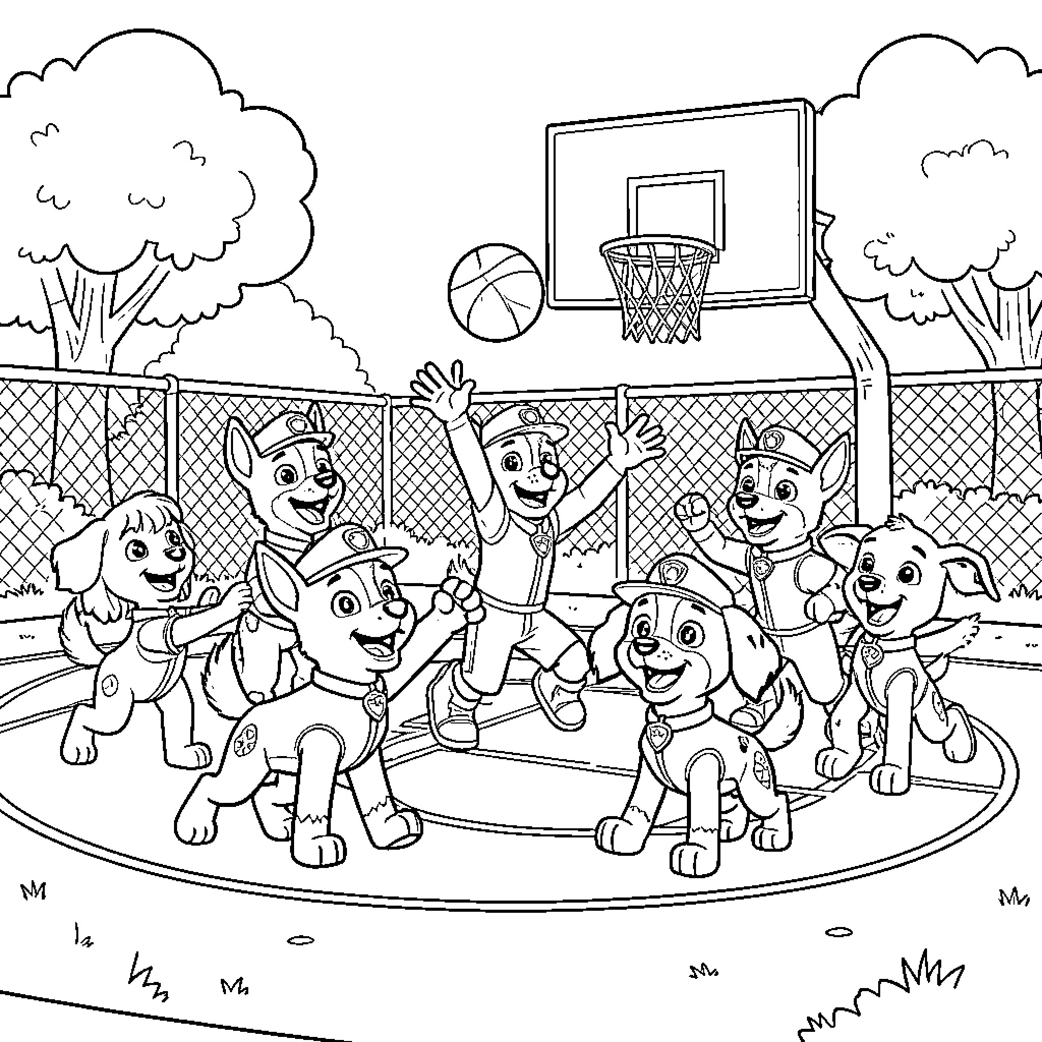 Paw Patrol having a fun basketball game outdoors Coloring Page (free black-and-white line drawing printable PDF for all, from beginners to advanced learners, including children, teens, adults, and seniors)