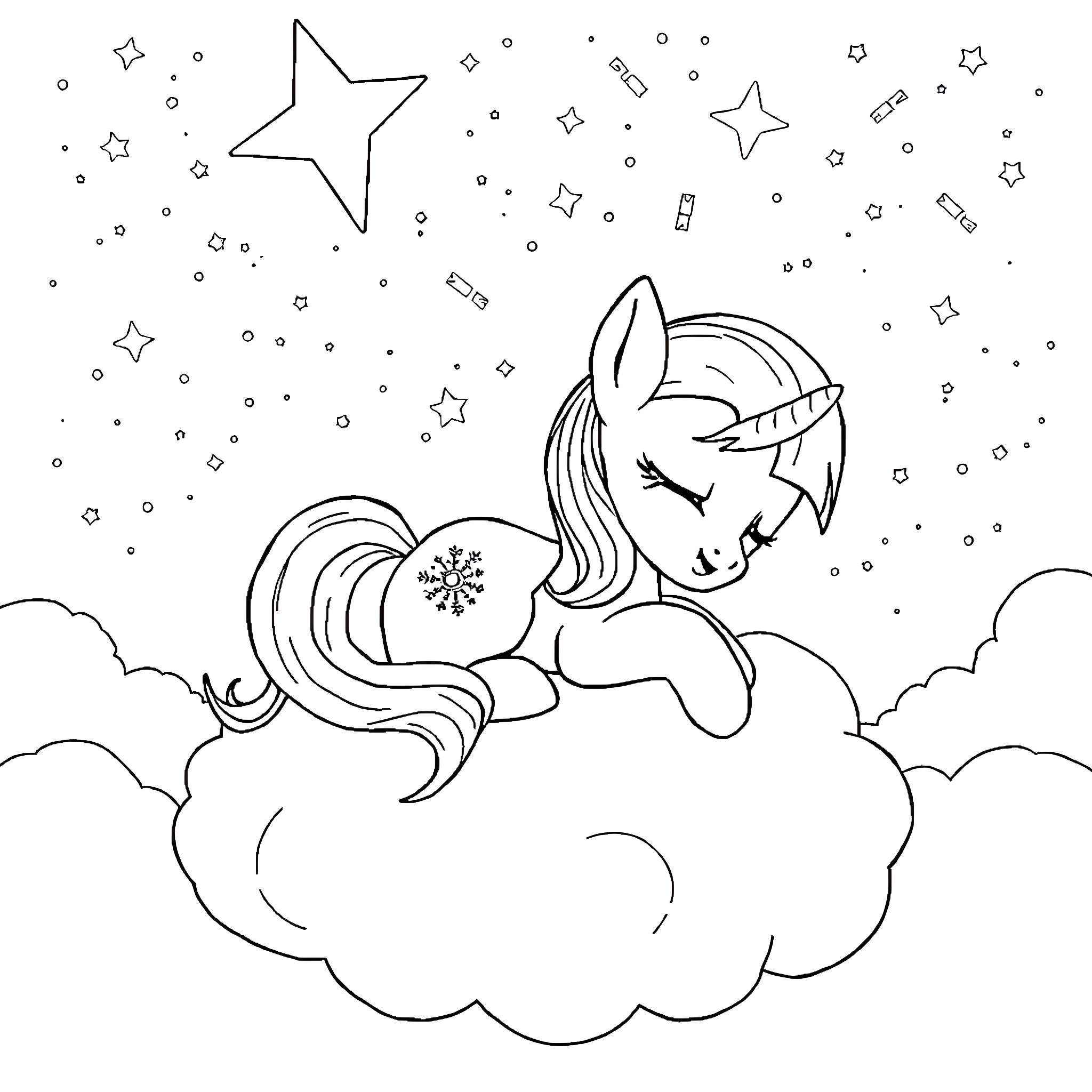 Twilight Sparkle Resting on Clouds Under Starry Sky Coloring Page (free black-and-white line drawing printable PDF for all, from beginners to advanced learners, including children, teens, adults, and seniors)