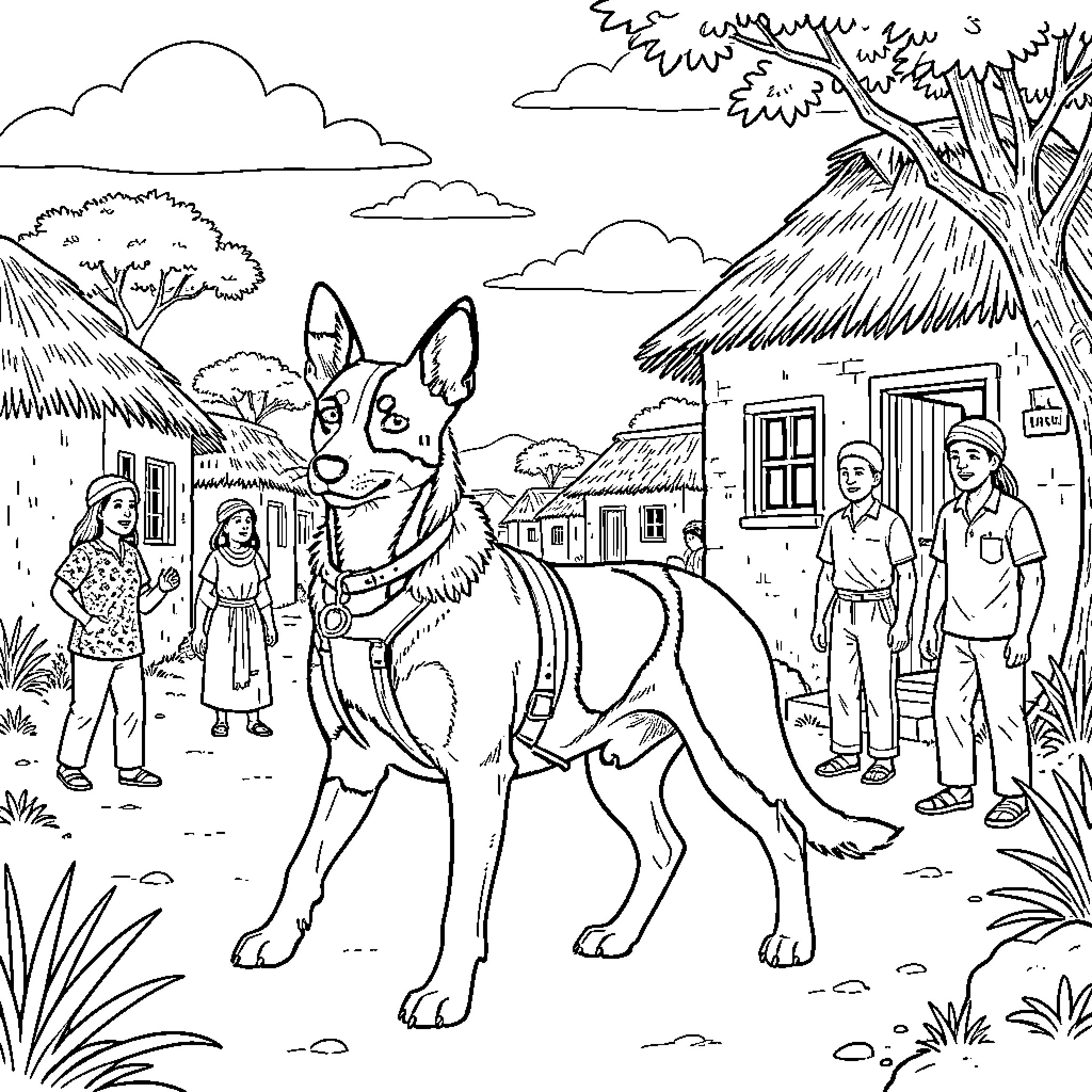 Basenji standing alert in a village street Coloring Page (free black-and-white line drawing printable PDF for all, from beginners to advanced learners, including children, teens, adults, and seniors)