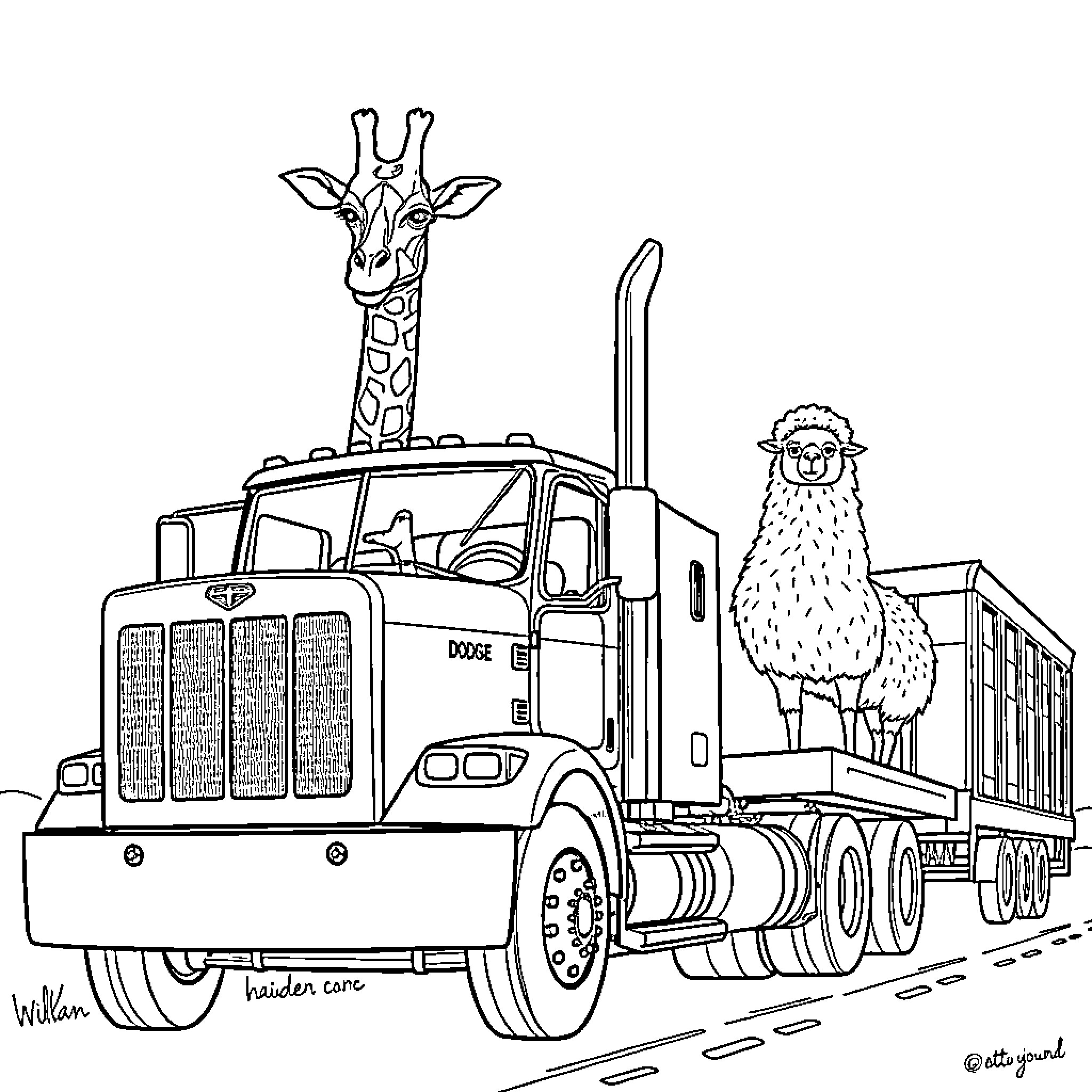 Giraffe riding on the back of a truck with a sheep Coloring Page (free black-and-white line drawing printable PDF for all, from beginners to advanced learners, including children, teens, adults, and seniors)