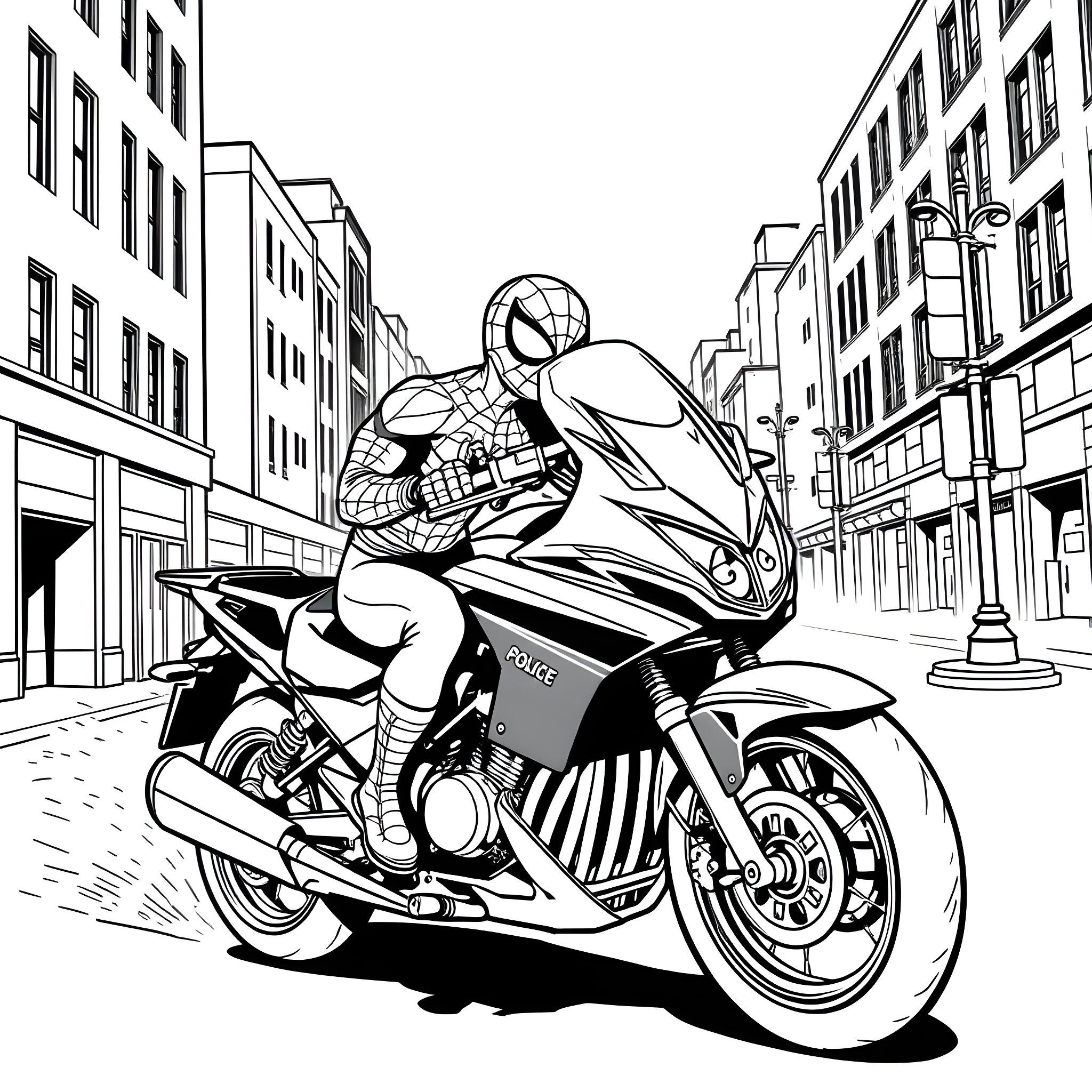 Spiderman racing through the city on his motorcycle Coloring Page (free black-and-white line drawing printable PDF for all, from beginners to advanced learners, including children, teens, adults, and seniors)
