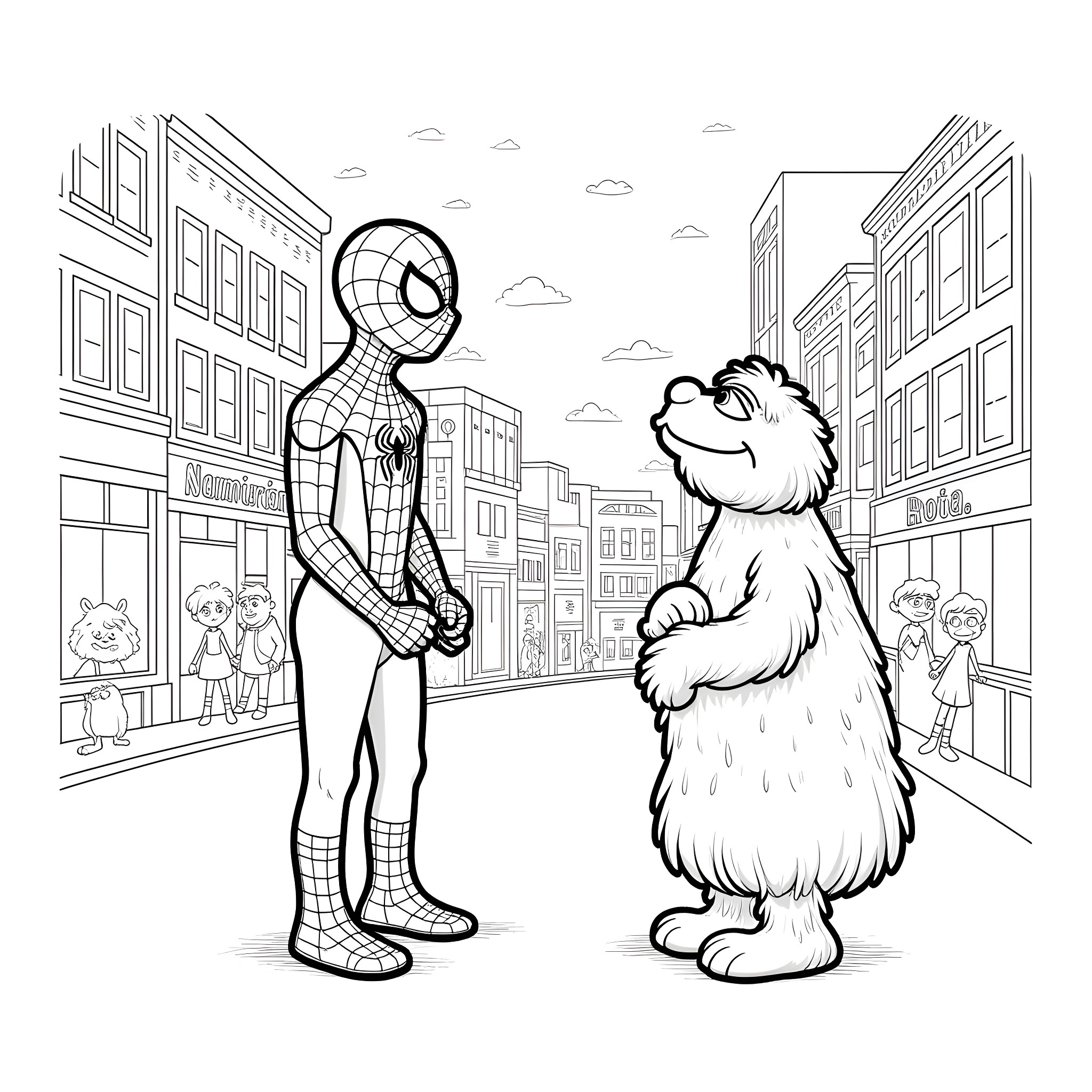 Spiderman meets a friendly furry companion in the city Coloring Page (free black-and-white line drawing printable PDF for all, from beginners to advanced learners, including children, teens, adults, and seniors)
