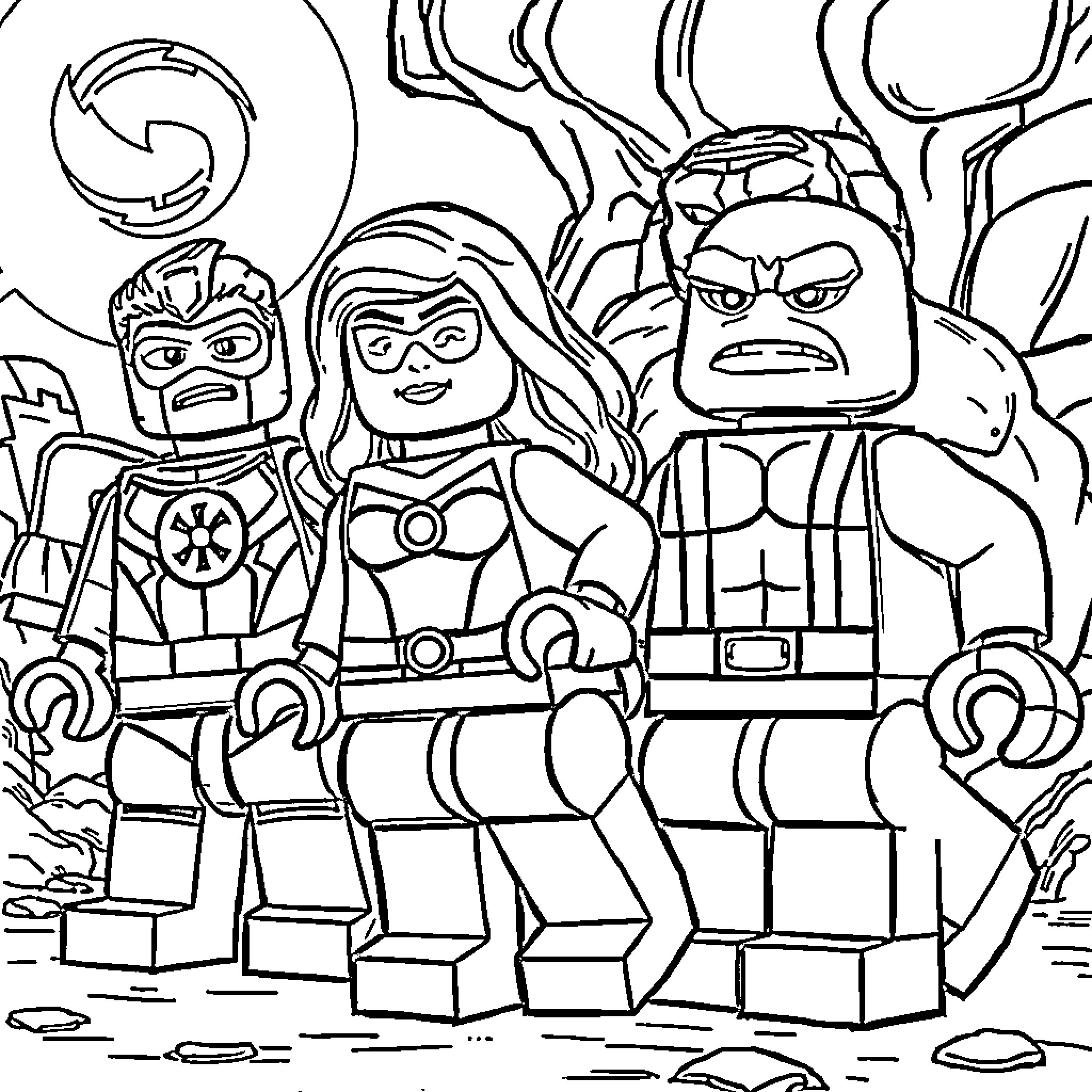 Lego Marvel superheroes standing together in a heroic pose Coloring Page (free black-and-white line drawing printable PDF for all, from beginners to advanced learners, including children, teens, adults, and seniors)