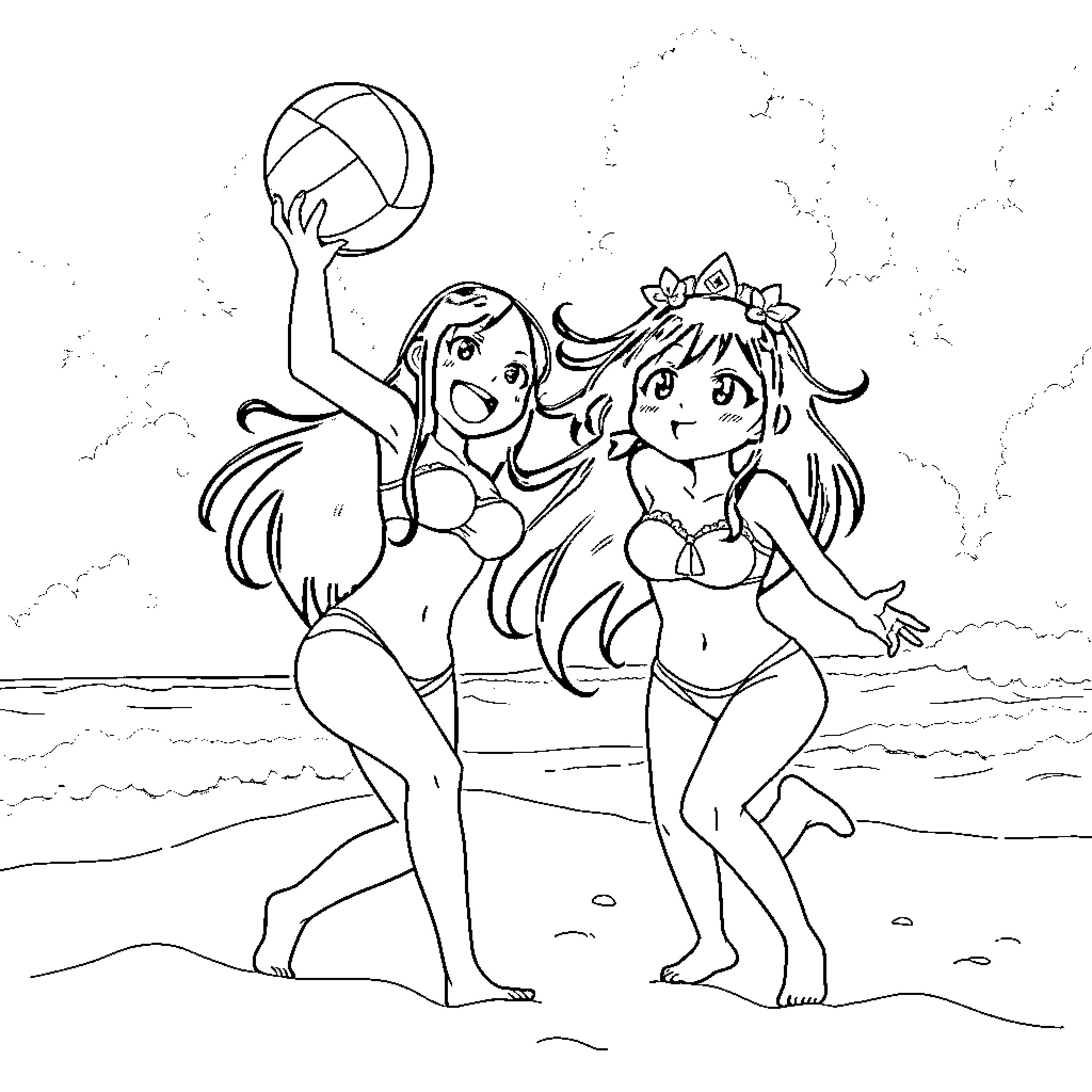 Bell Cranel and companion playing beach volleyball Coloring Page (free black-and-white line drawing printable PDF for all, from beginners to advanced learners, including children, teens, adults, and seniors)