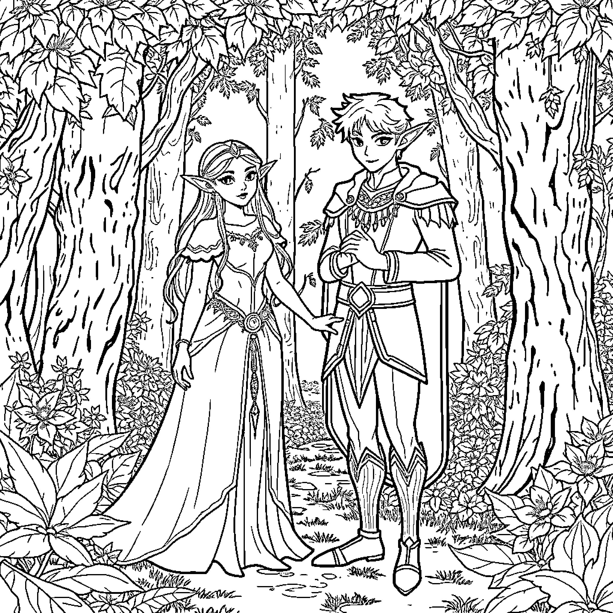 Elf couple in a magical forest setting Coloring Page (free black-and-white line drawing printable PDF for all, from beginners to advanced learners, including children, teens, adults, and seniors)