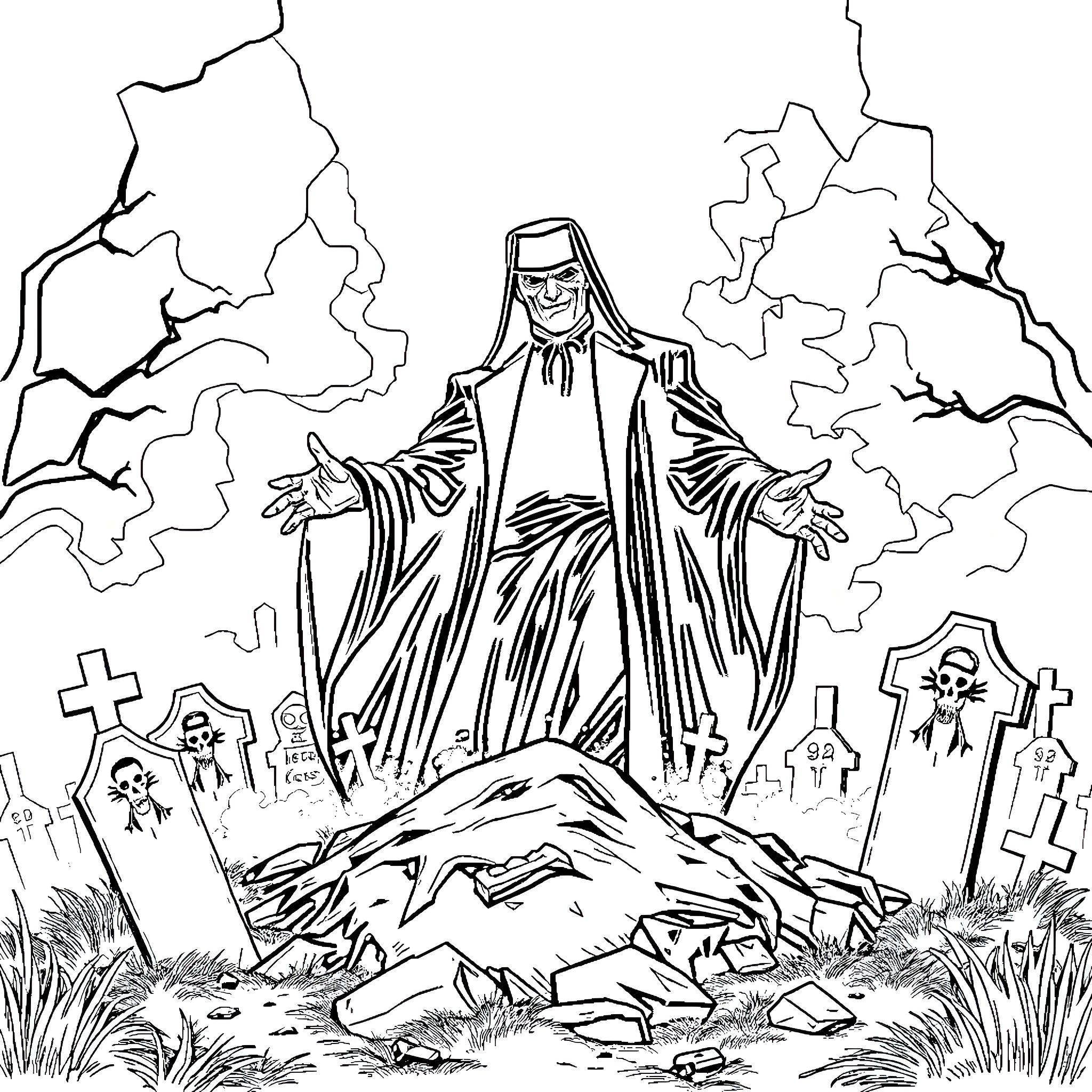 Undertaker presiding over a solemn graveyard scene Coloring Page (free black-and-white line drawing printable PDF for all, from beginners to advanced learners, including children, teens, adults, and seniors)
