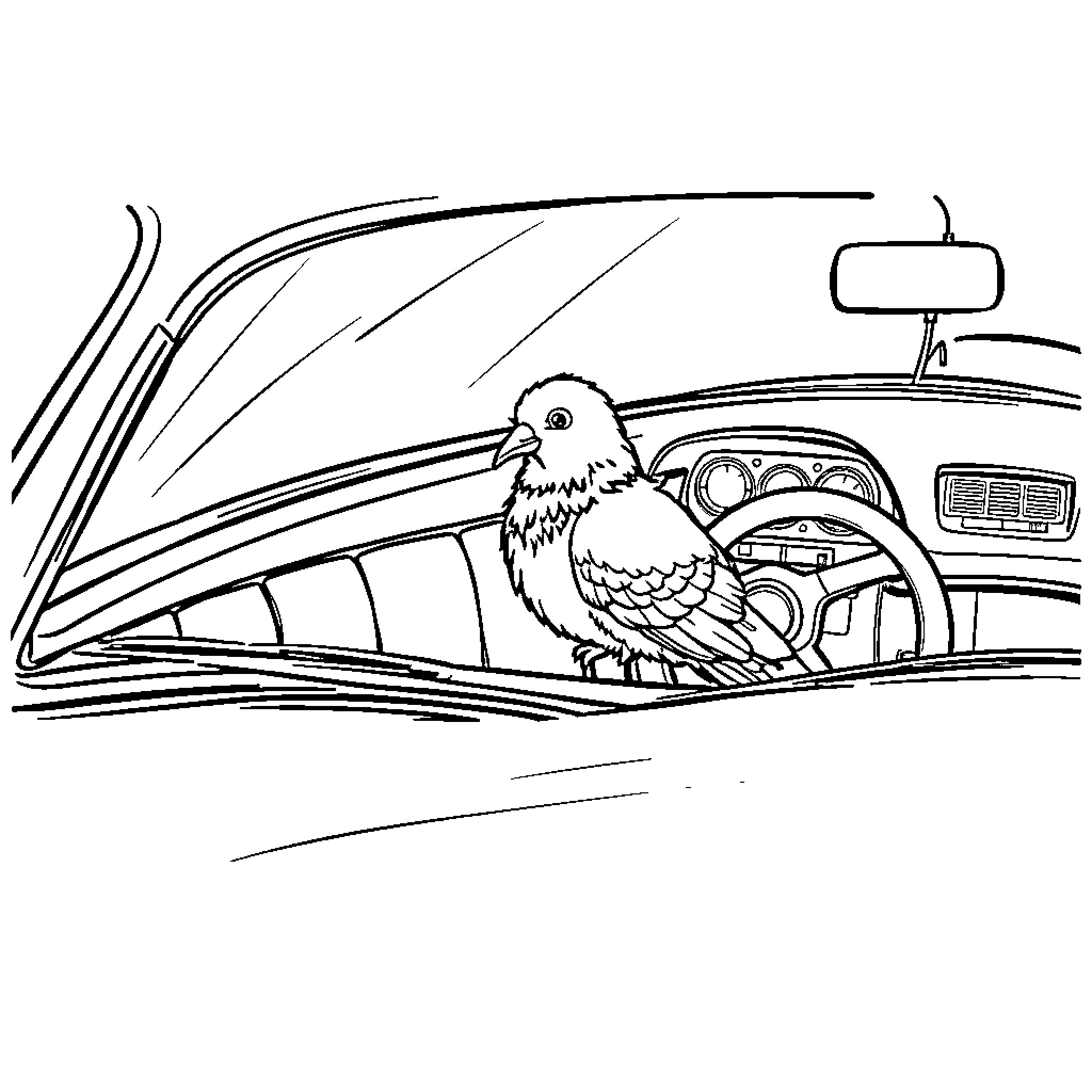 Car with Bird Inside the Cabin Coloring Page (free black-and-white line drawing printable PDF for all, from beginners to advanced learners, including children, teens, adults, and seniors)