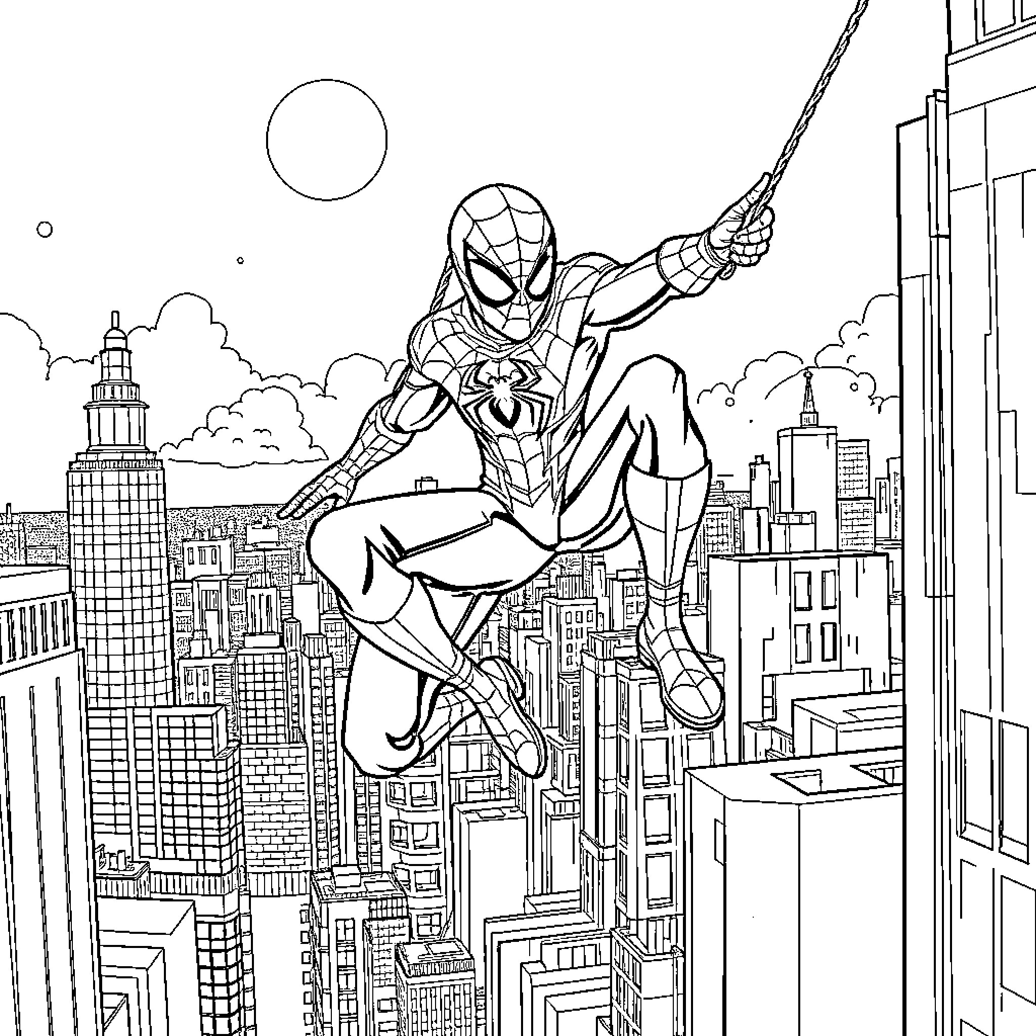 Pantera Rosa swinging through the city skyline Coloring Page (free black-and-white line drawing printable PDF for all, from beginners to advanced learners, including children, teens, adults, and seniors)