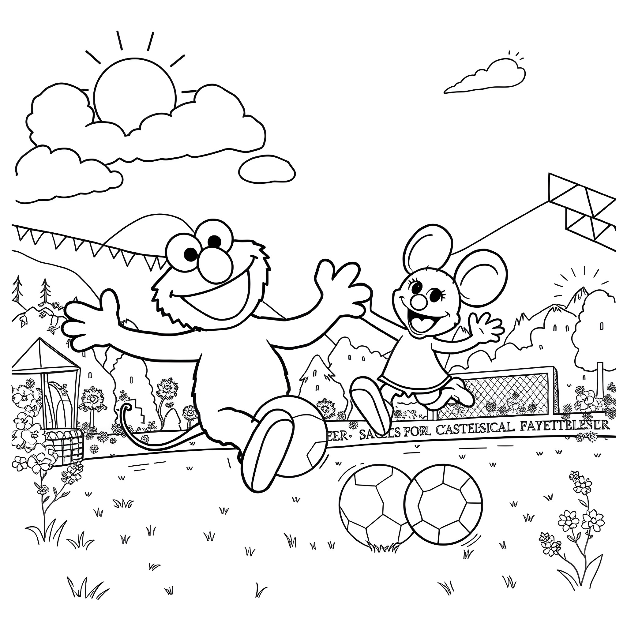 Elmo and his mouse friend playing in the park Coloring Page (free black-and-white line drawing printable PDF for all, from beginners to advanced learners, including children, teens, adults, and seniors)