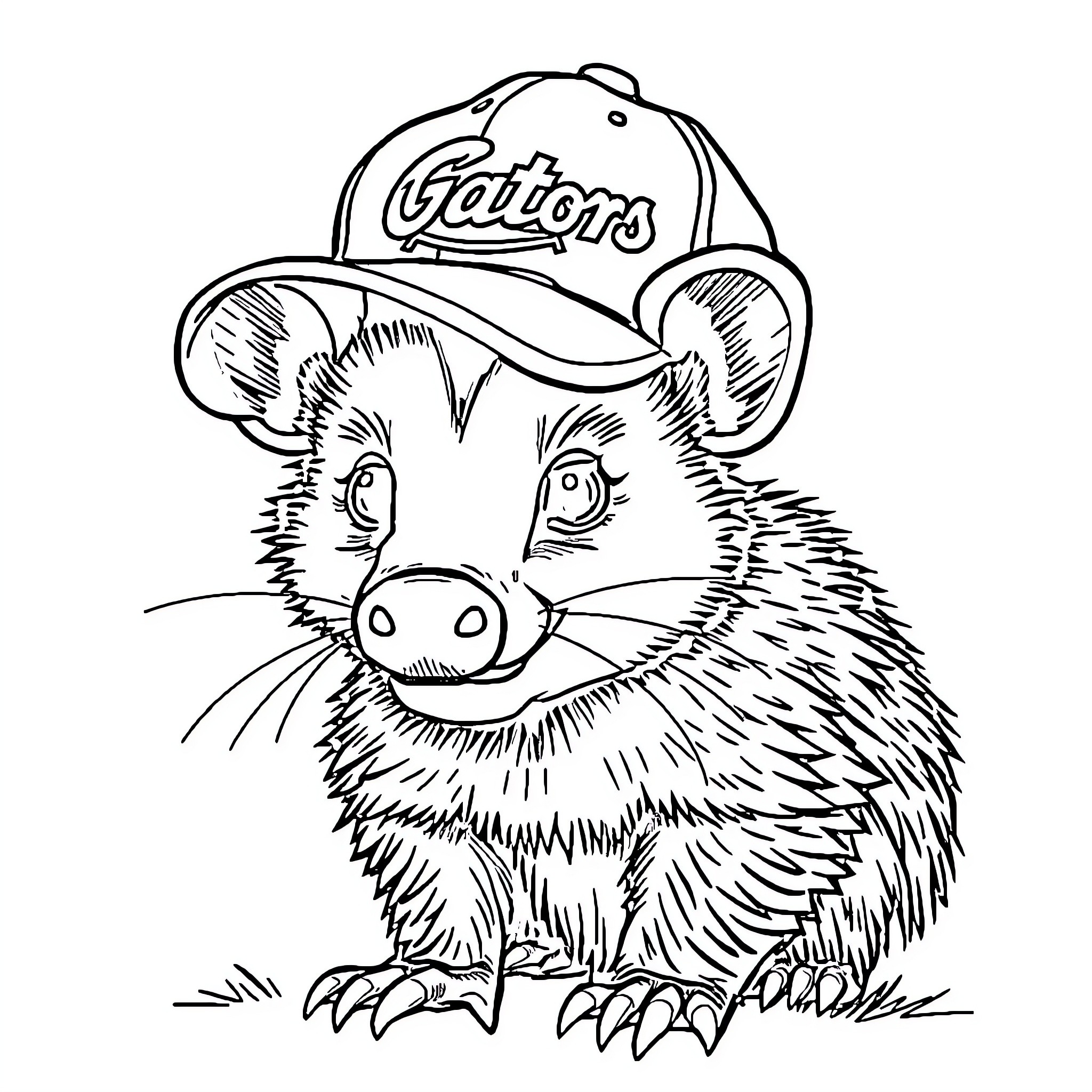 Opossum wearing a baseball cap Coloring Page (free black-and-white line drawing printable PDF for all, from beginners to advanced learners, including children, teens, adults, and seniors)
